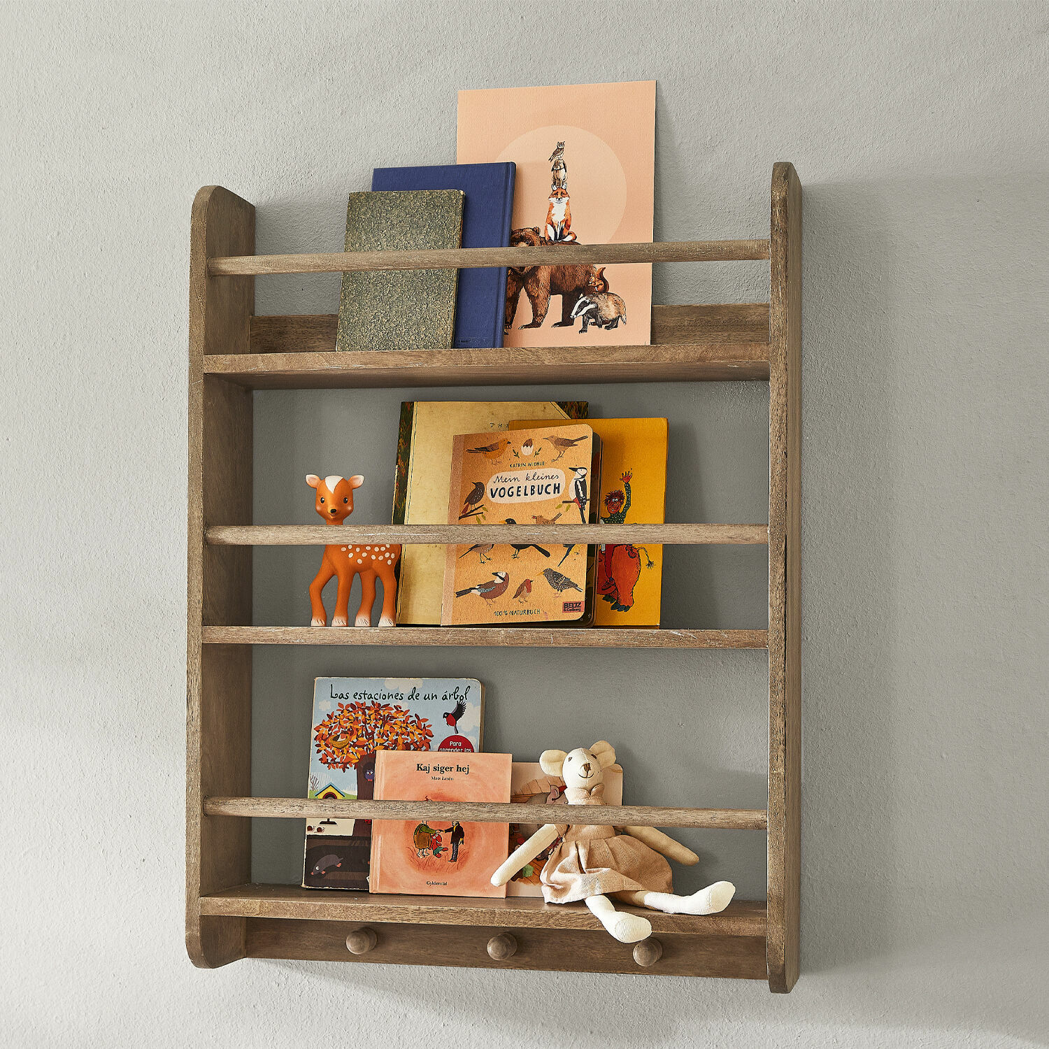 Estante de pared Quenby Estantería de pared de madera natural con libros y juguetes para habitación infantil