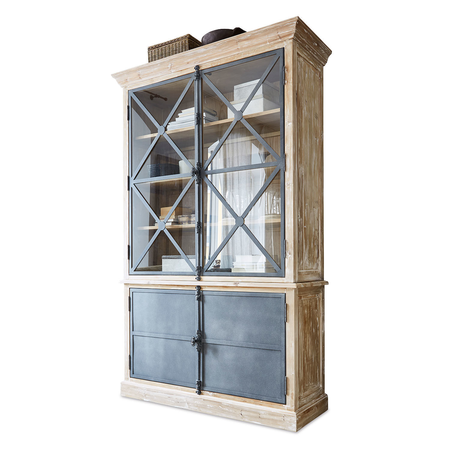 Armario Kingswin Vitrina de madera natural y metal con puertas de cristal y estantes para libros y decoración