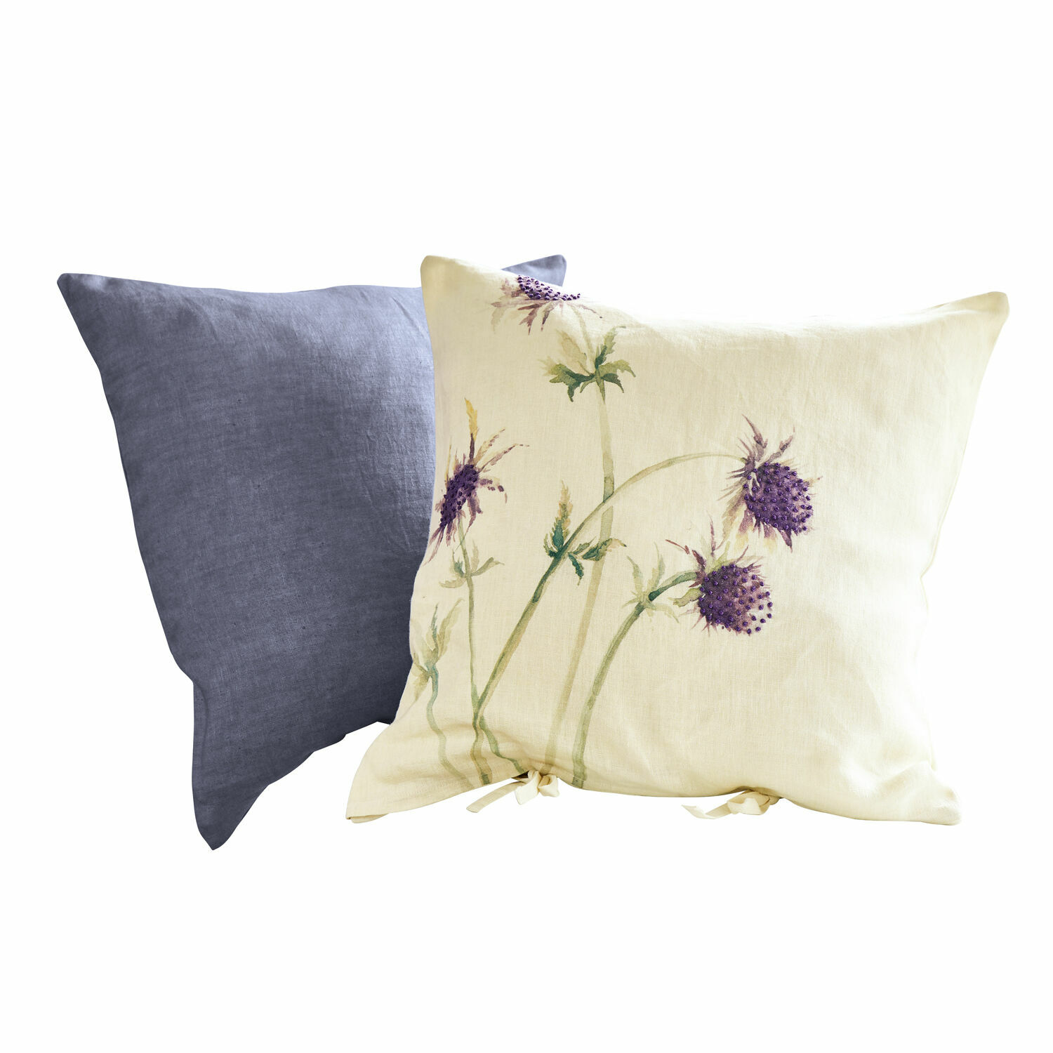 Set de 2 fundas de cojín Épine Conjunto de dos cojines de lino, uno crema con diseño floral púrpura y otro gris liso para decoración