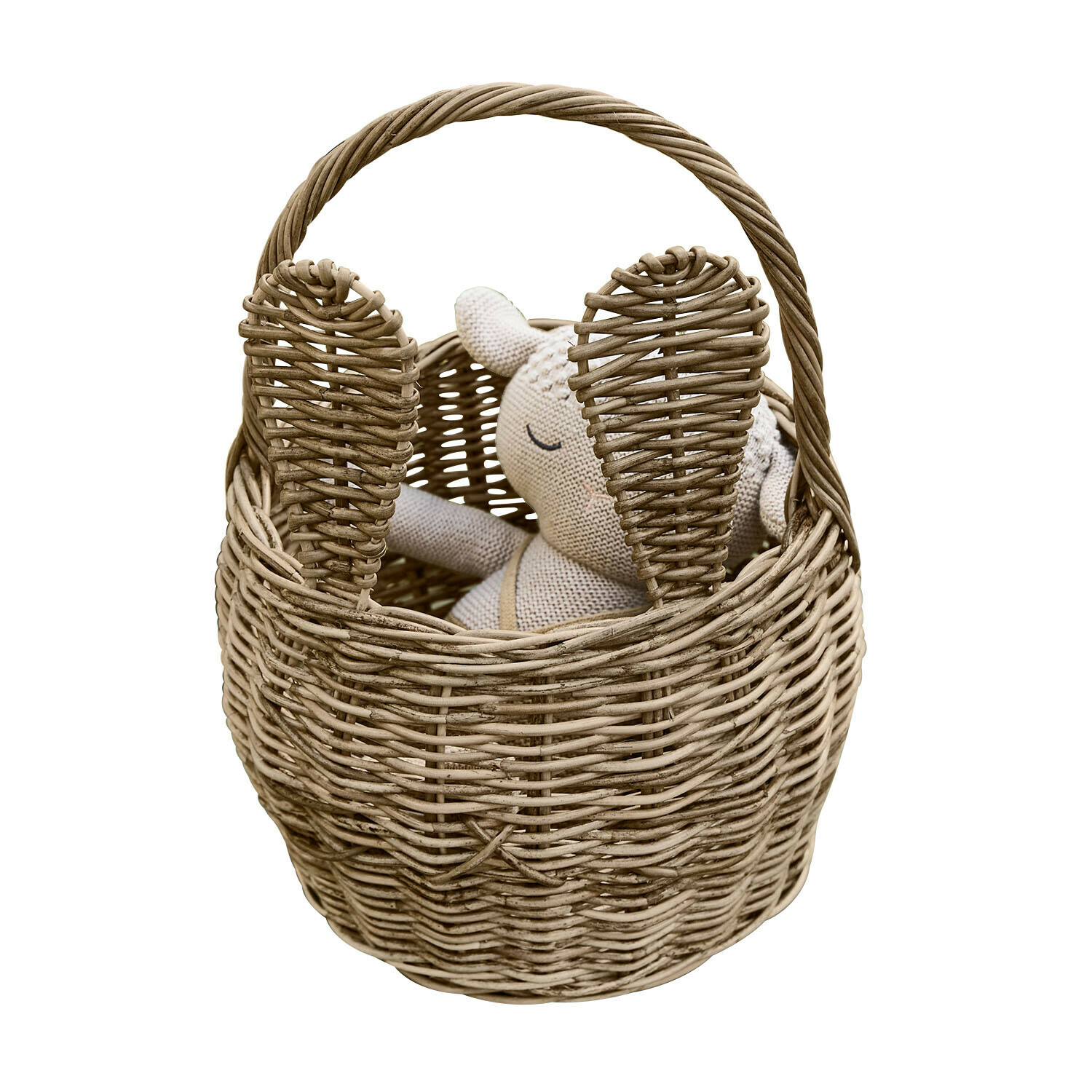 Cesta con forma de conejo Whimsywood Cesta de mimbre natural con forma de conejo y orejas, con peluche beige en su interior