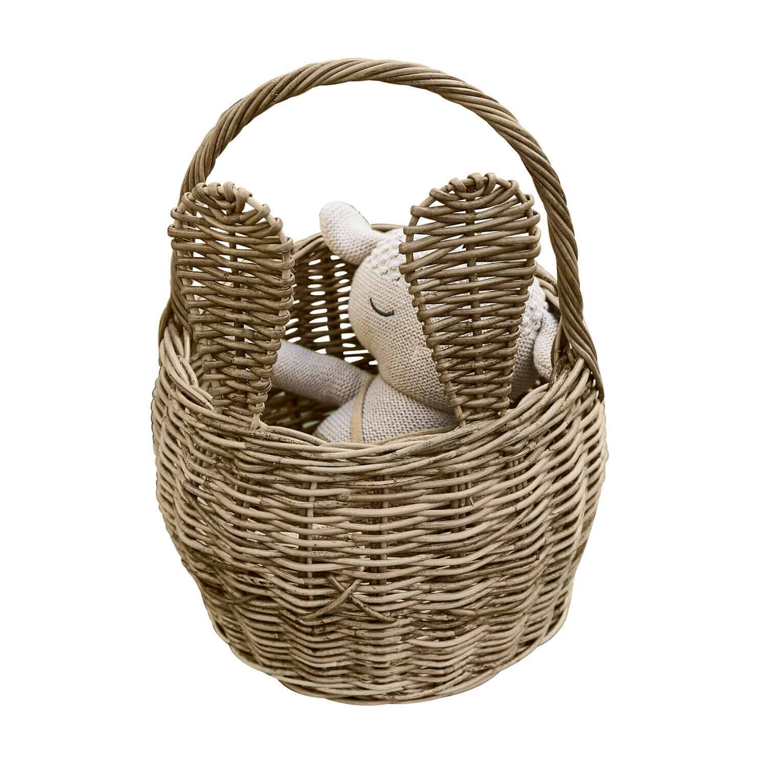 Cesta con forma de conejo Whimsywood Cesta de mimbre natural con forma de conejo y orejas, con peluche beige en su interior