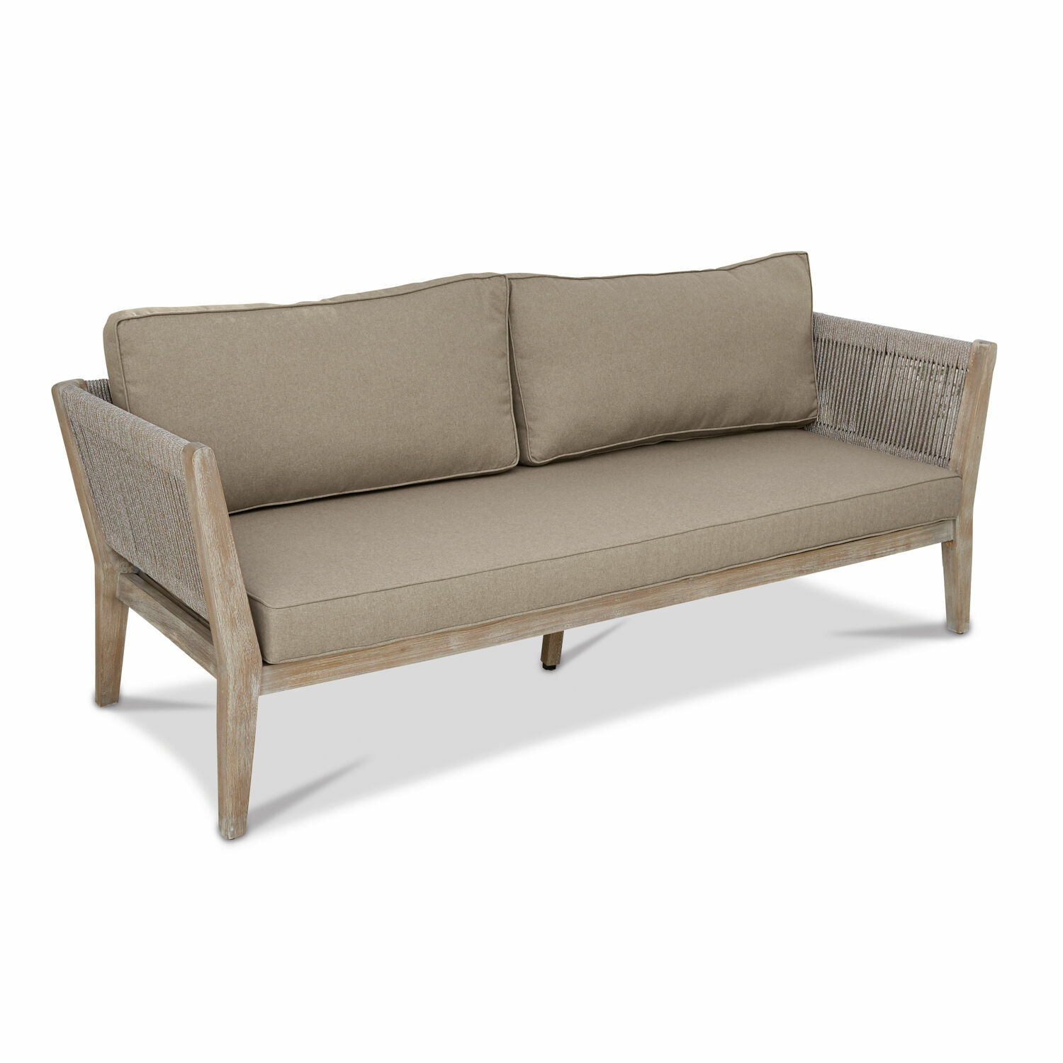 Sofá Biarritz Sofá con tela beige claro y estructura de madera con laterales trenzados, mueble moderno