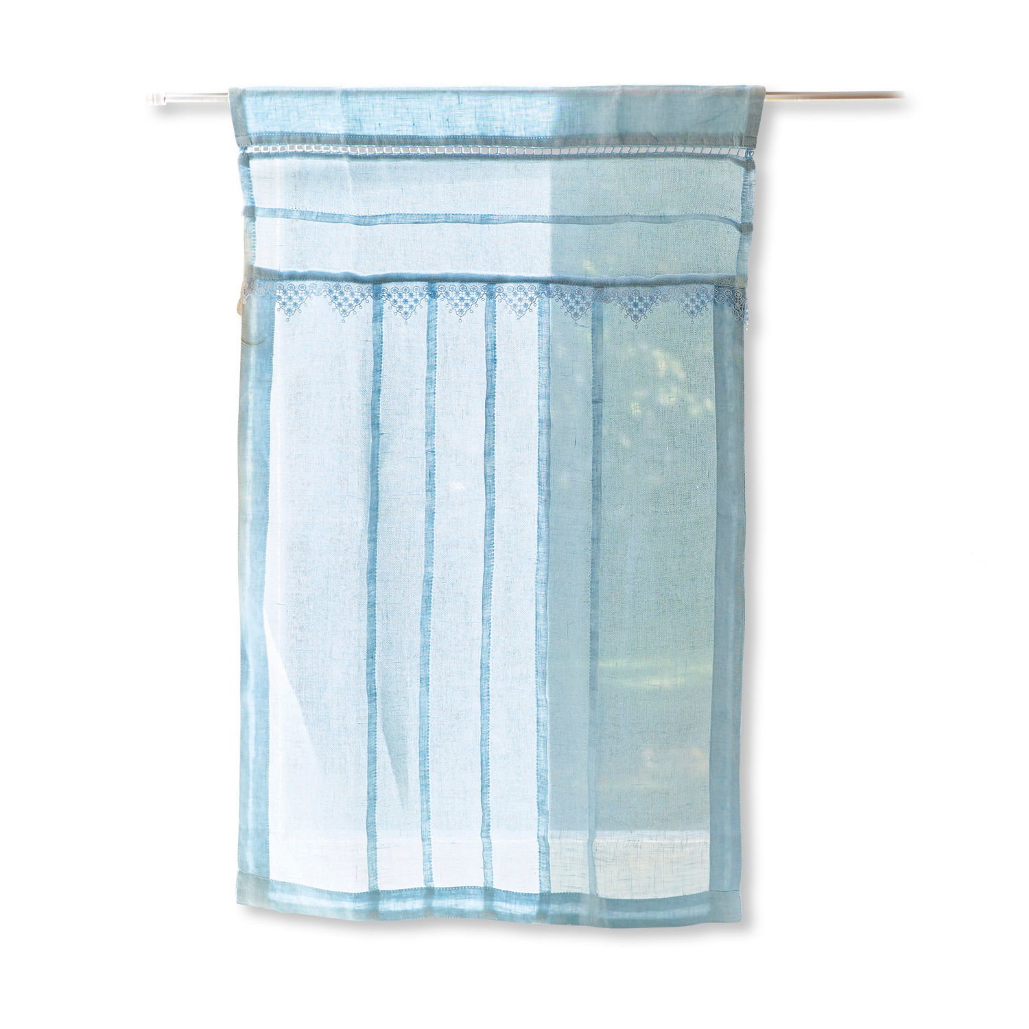 Cortina azul Chailly de tela ligera con diseño delicado y rayas, decoración para ventana