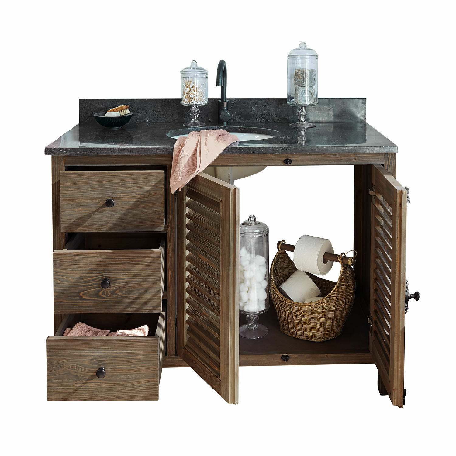 Mueble de baño de madera con encimera negra y lavabo, cajones y puertas abiertos