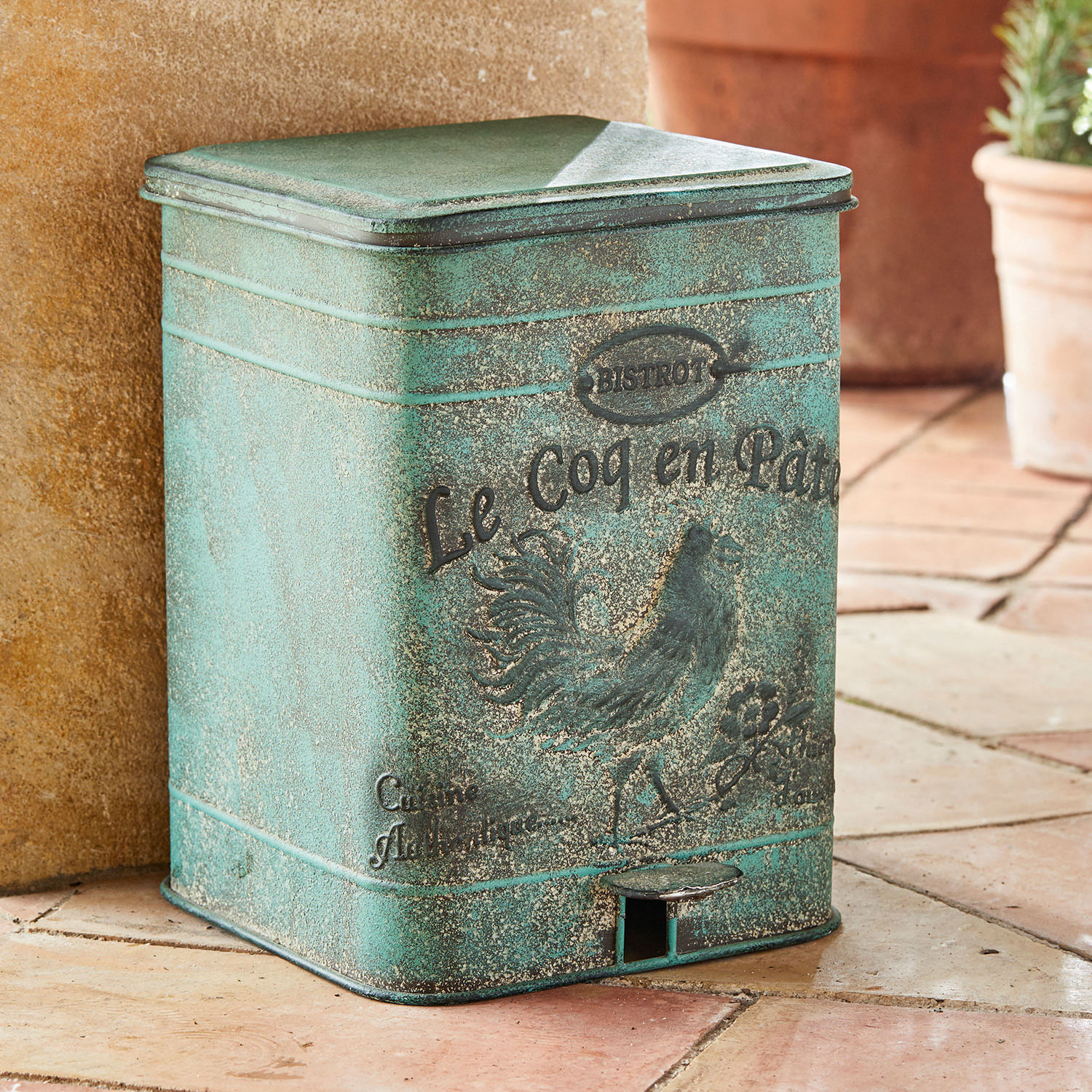 Cubo de basura Kora Cubo de basura metálico verde estilo vintage con motivo de gallo para terraza o jardín