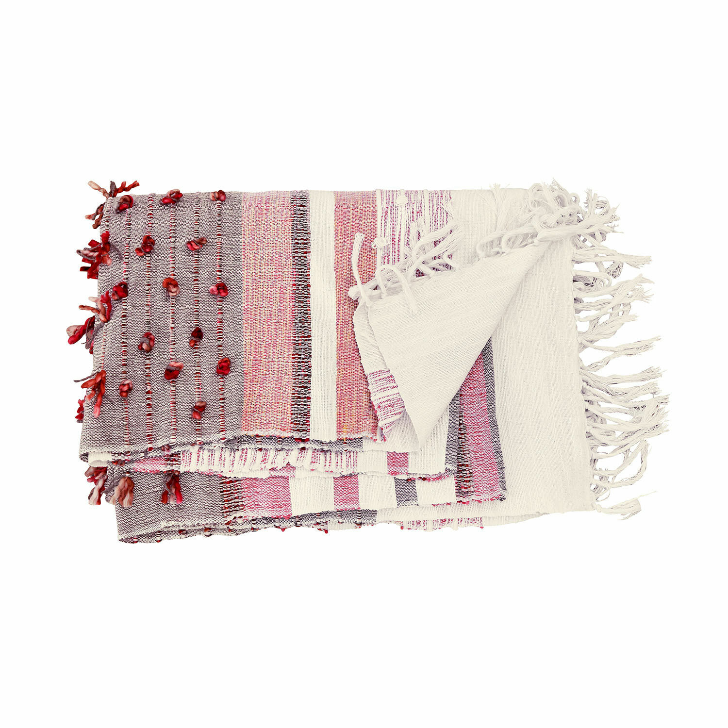 Plaid Yazmira Manta de algodón colorida con flecos y adornos rojos, suave para decoración