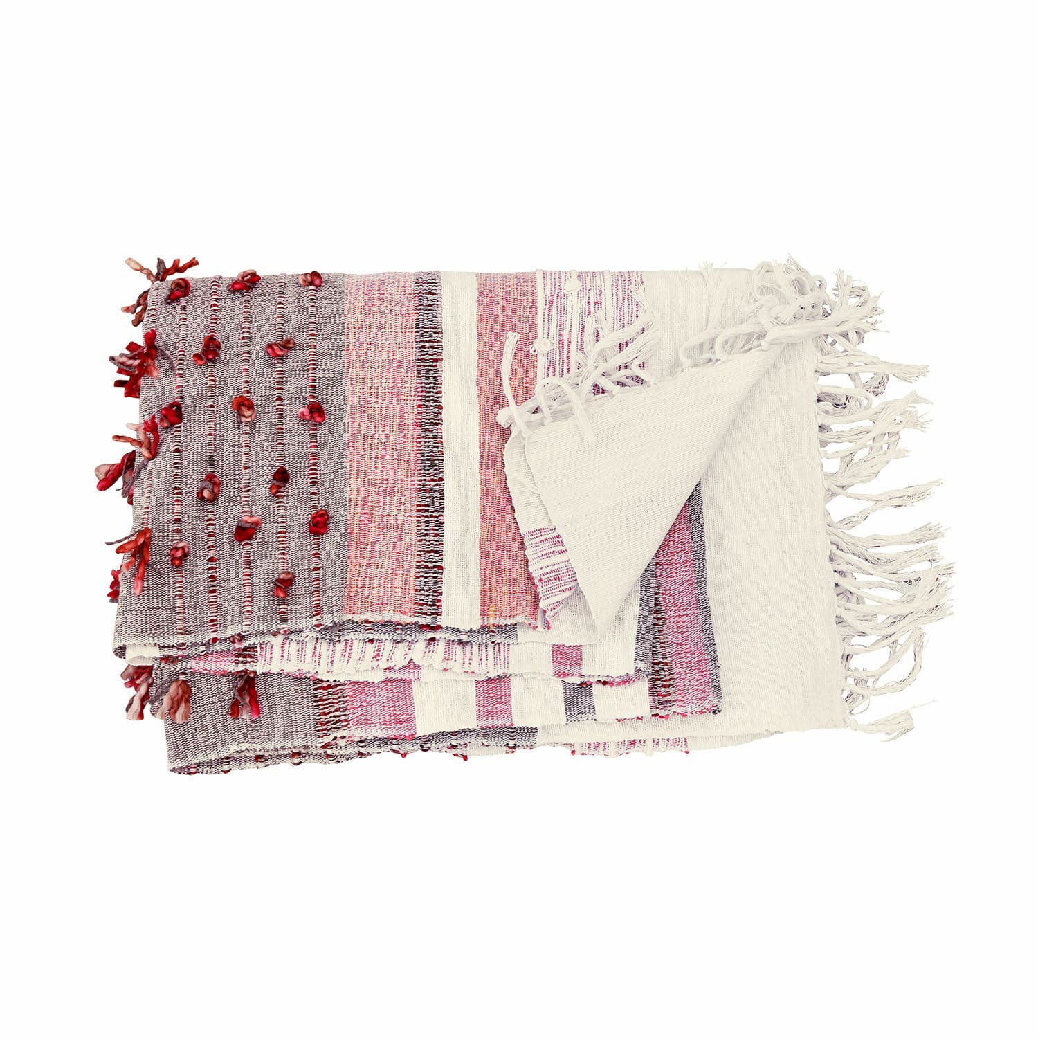 Plaid Yazmira Manta de algodón colorida con flecos y adornos rojos, suave para decoración