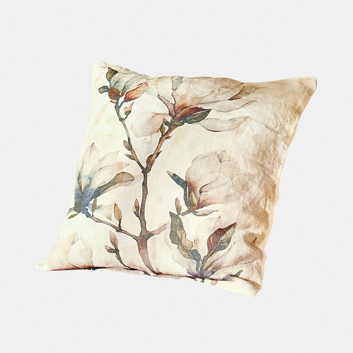 Funda de cojín Aurélines Cojín de lino beige con estampado de flores de magnolia, decorativo y suave para salón