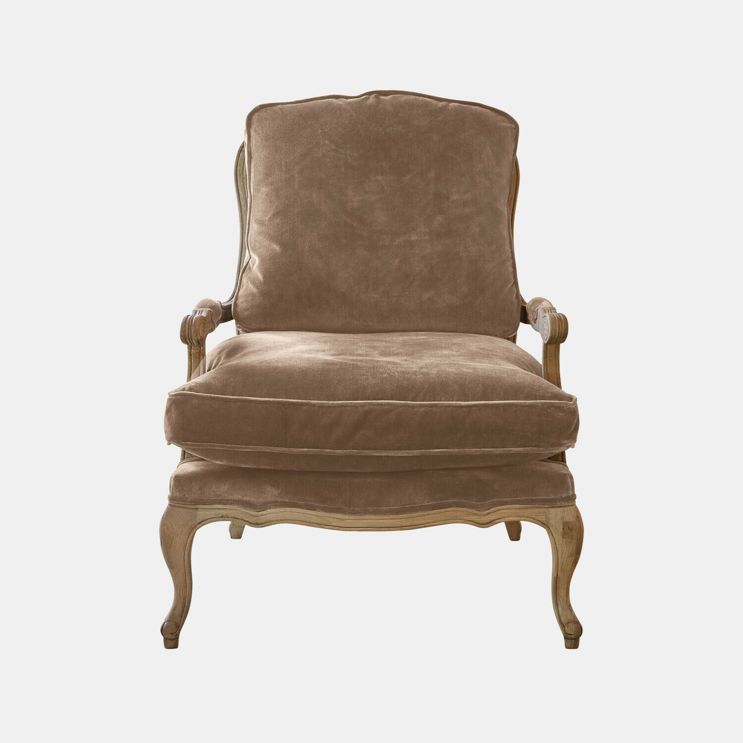 taupe/marrón Sillón Corlay con tapizado marrón suave y estructura de madera tallada estilo vintage