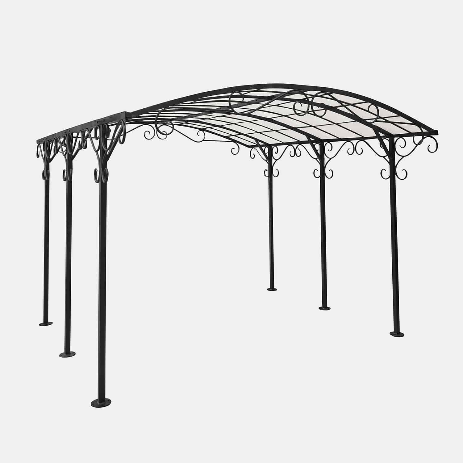 Pérgola Delbridge Pérgola de metal negro con adornos en espiral y techo curvado, ideal para jardín o terraza