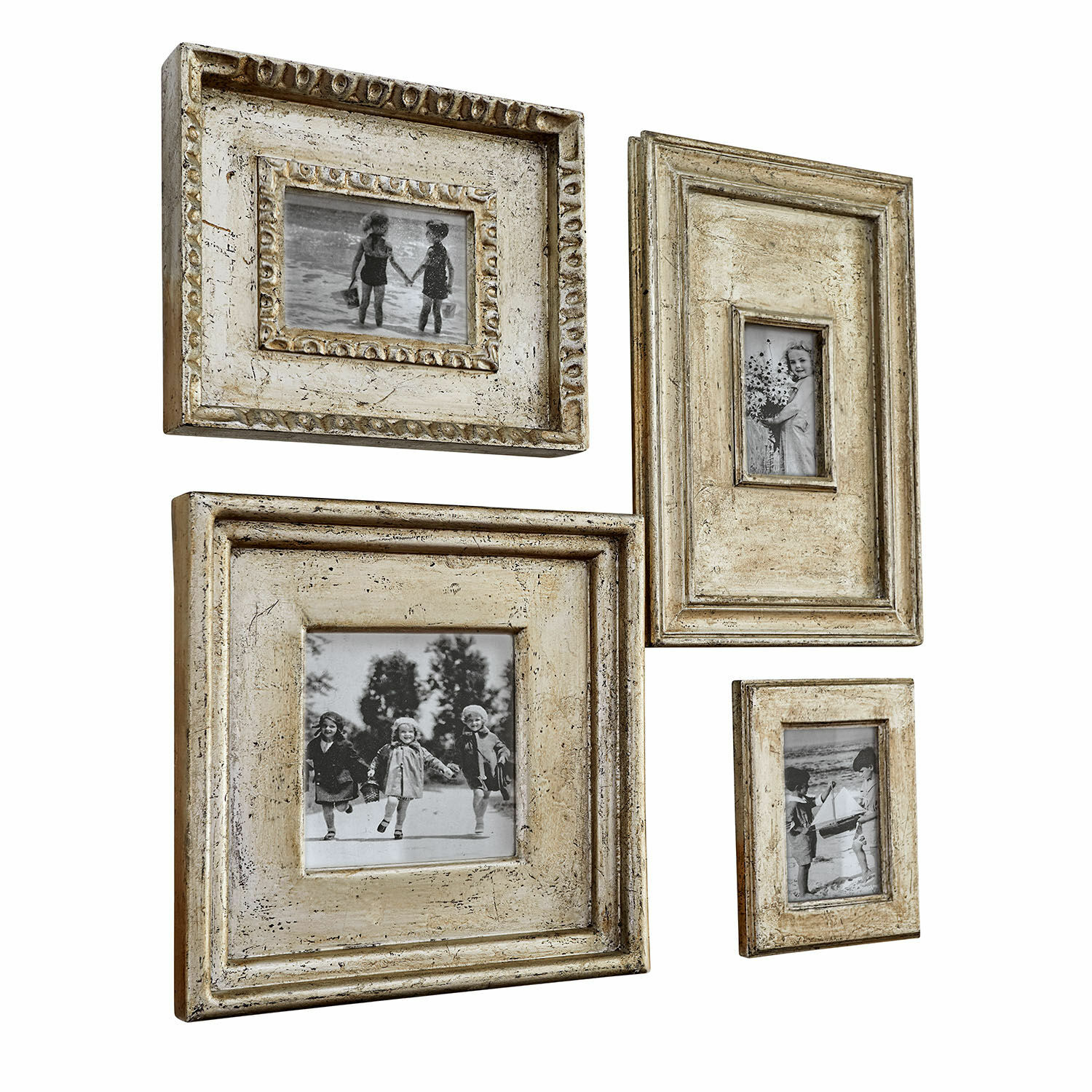 Set de 4 marcos Holny Conjunto de cuatro marcos de fotos rústicos de madera en beige envejecido para decoración de pared