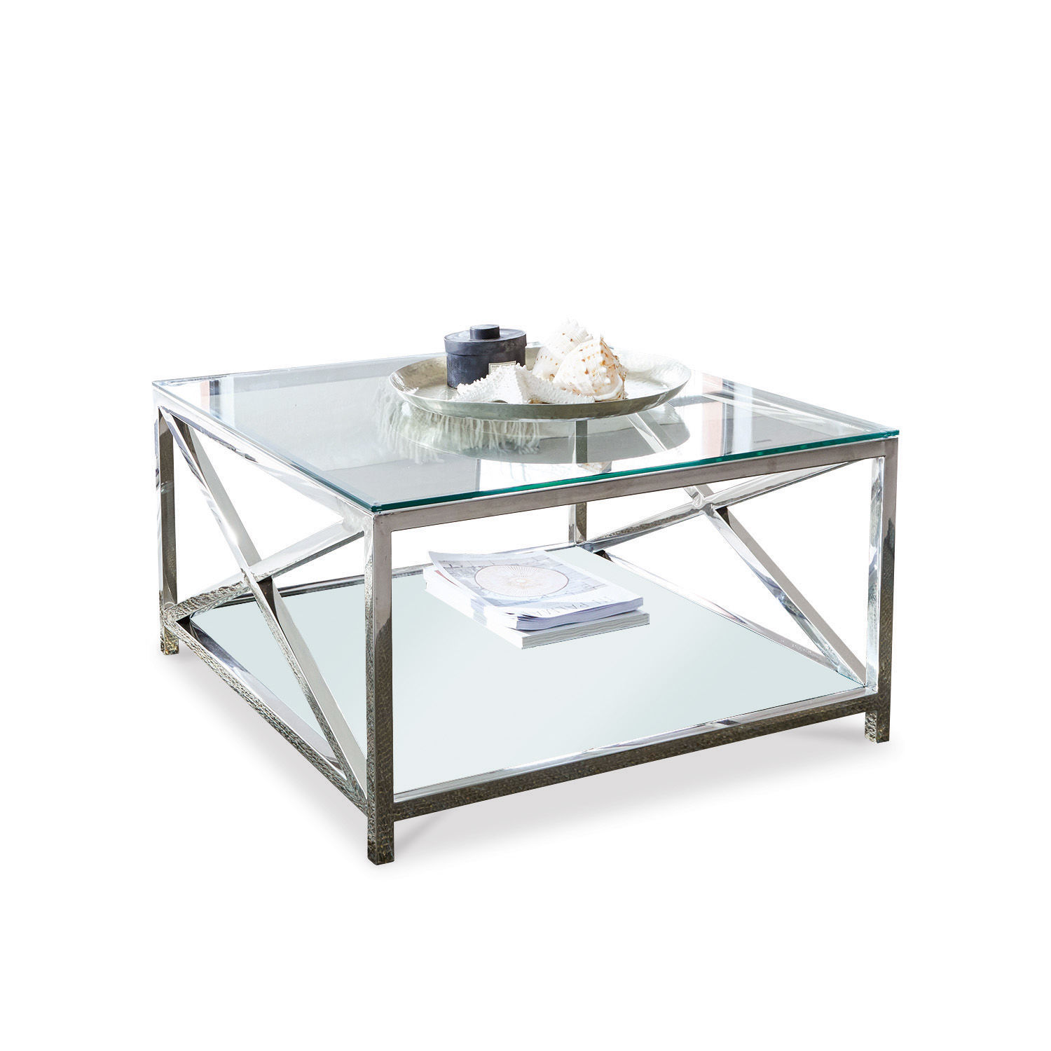 Mesa de centro Stamford Mesa de centro cuadrada con superficie de vidrio y estructura metálica plateada para sala