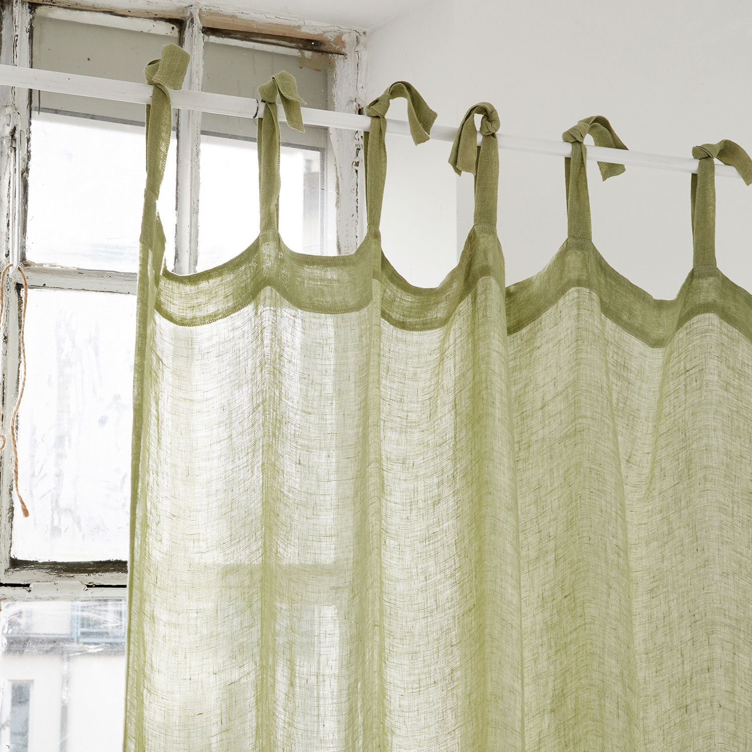 Cortina Gryphia Cortina verde de lino con lazos anudados, ligera y translúcida para decoración de ventanas