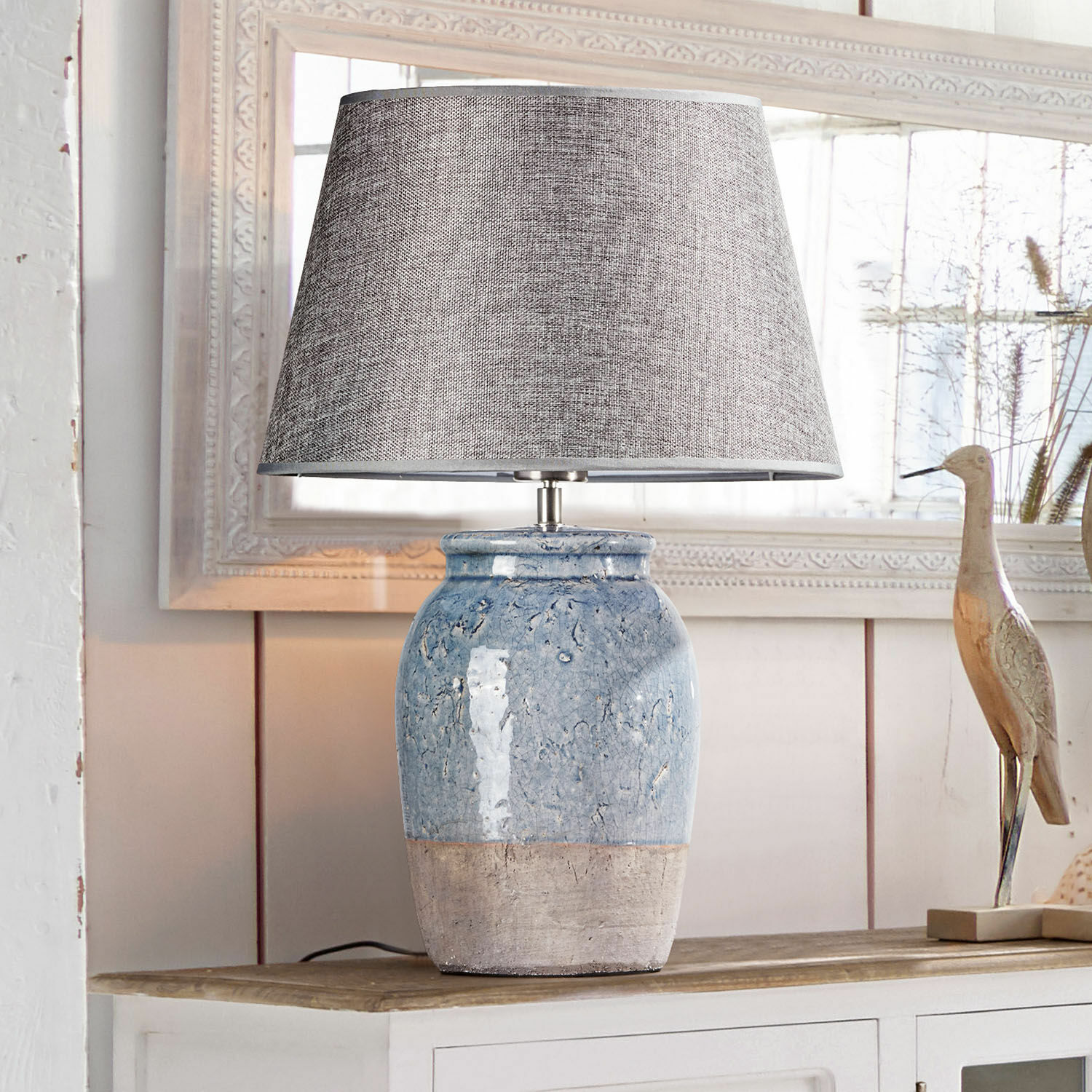 Lámpara de mesa Manly Lámpara de mesa de cerámica azul y beige con pantalla gris, decoración para interiores