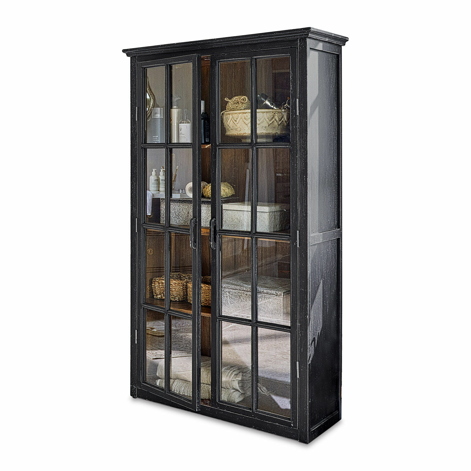 negro envejecido Armario negro de madera Keanu con puertas de cristal para almacenamiento y decoración
