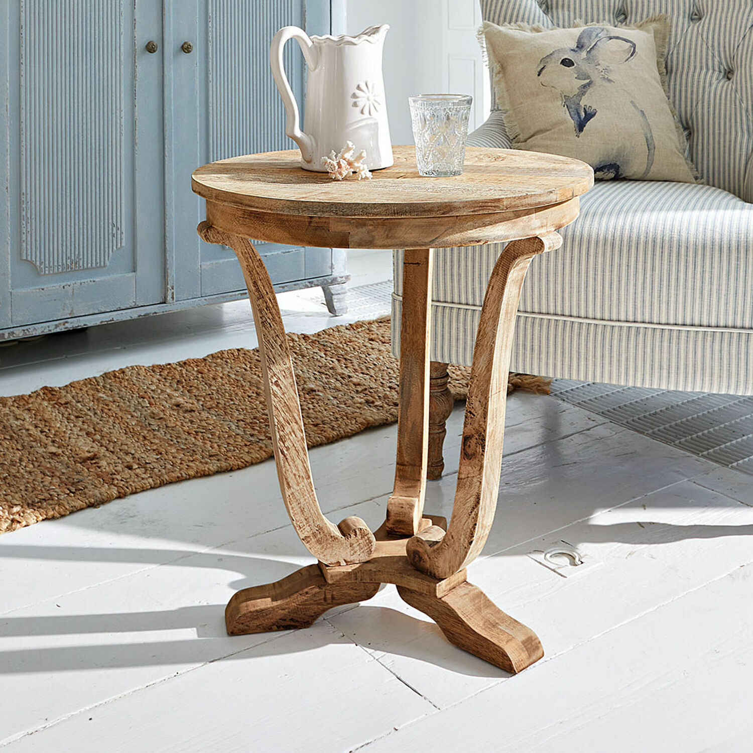 Mesa auxiliar Venzone Mesa redonda de madera de mango color natural, estilo rústico, mueble de madera para salón
