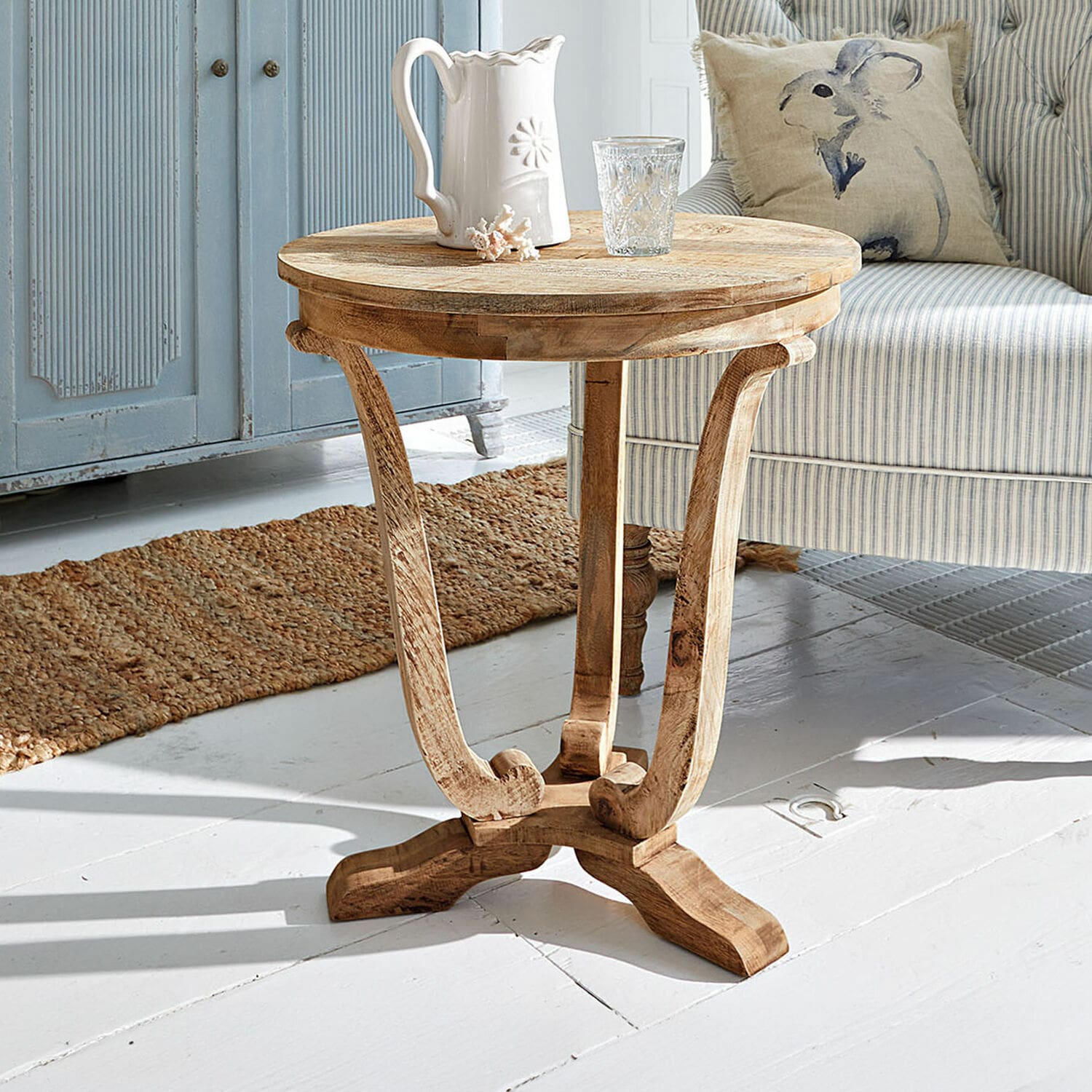 Mesa auxiliar Venzone Mesa redonda de madera de mango color natural, estilo rústico, mueble de madera para salón