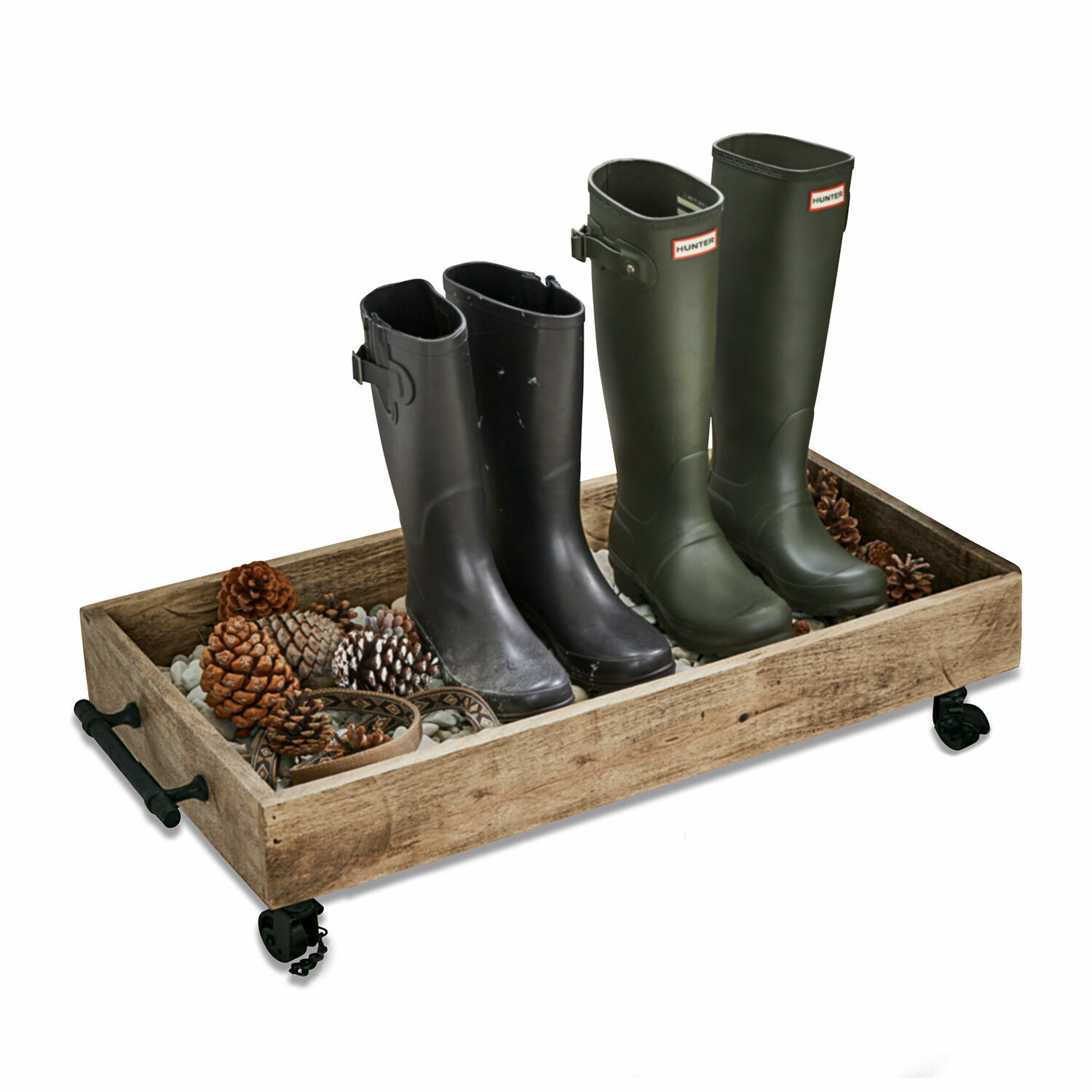 Zapatero Taylors Island Bandeja de madera con ruedas con botas negras y verdes y piñas, organizador práctico para zapatos