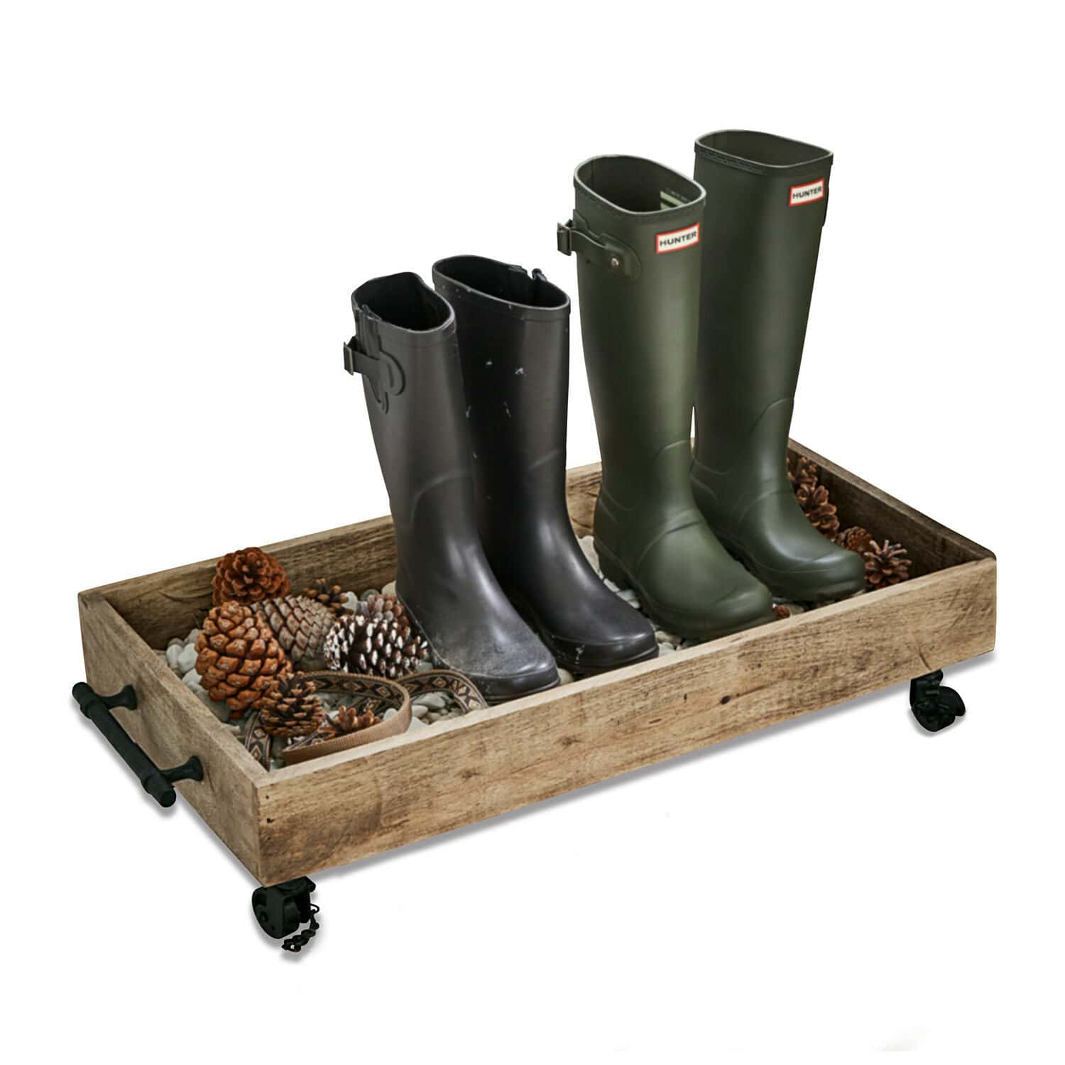 Zapatero Taylors Island Bandeja de madera con ruedas con botas negras y verdes y piñas, organizador práctico para zapatos