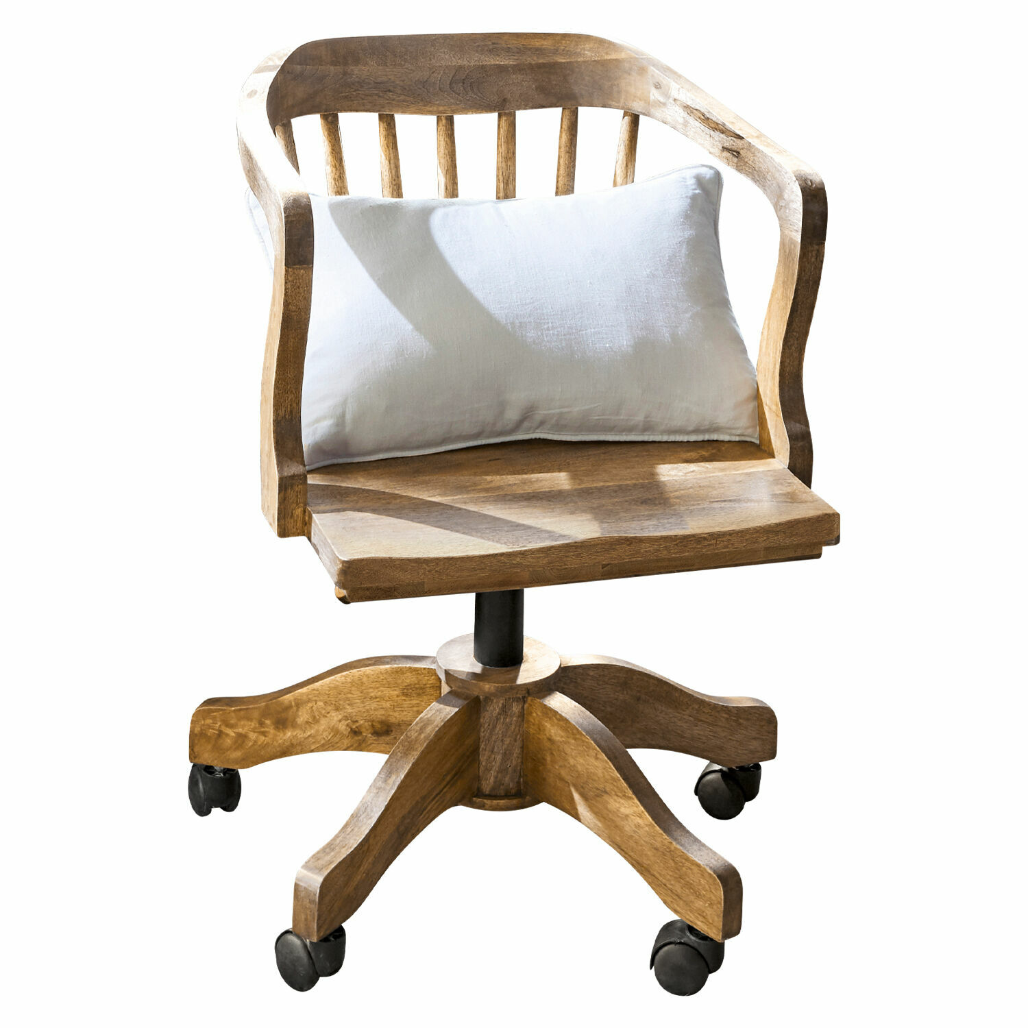 Silla de escritorio Kerava Silla de oficina giratoria de madera de mango natural con cojín blanco y ruedas