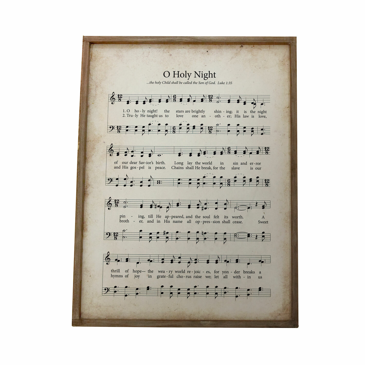 Cuadro Holy Night Cuadro con partitura y letra de O Holy Night en marco de madera sobre fondo blanco