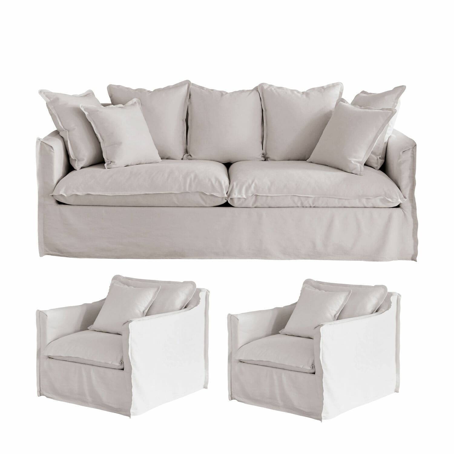 Conjunto de salón Tienen en lino gris claro con sofá y dos sillones para sala de estar