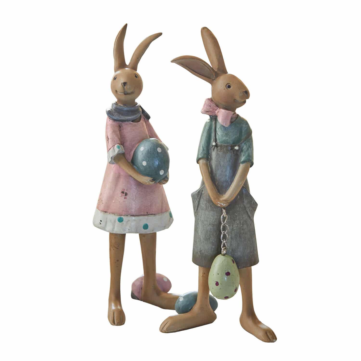Set de 2 conejos Sivalex Dos figuras decorativas de conejos de metal en colores pastel con huevos de Pascua