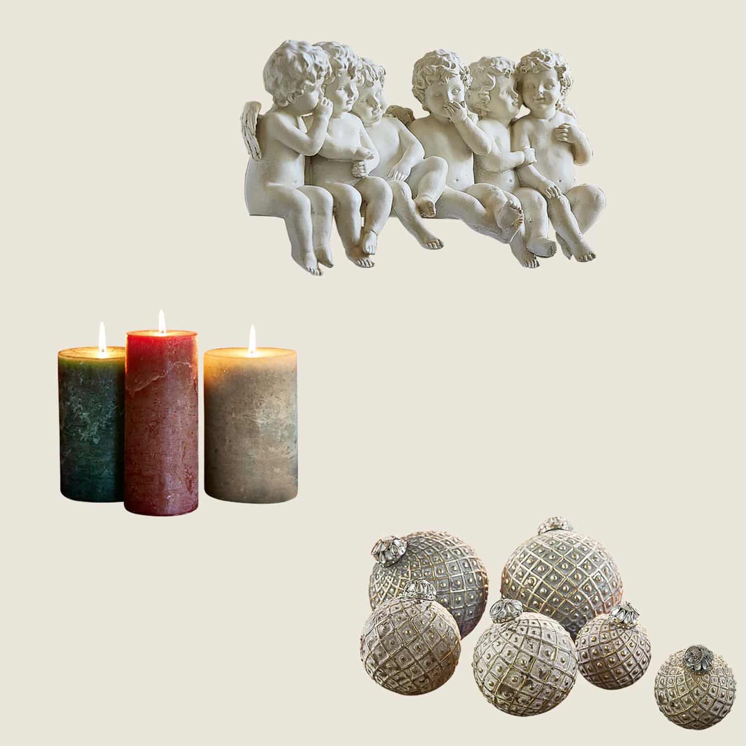 Figuras de ángeles blancos de cerámica, tres velas de colores tierra y bolas decorativas con patrón geométrico