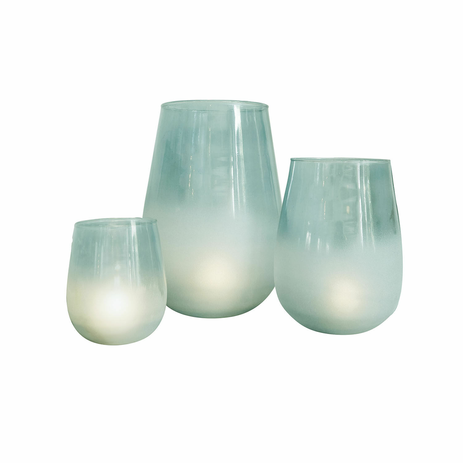 Conjunto de tres portavelas de vidrio color menta con efecto degradado, decoración para interiores