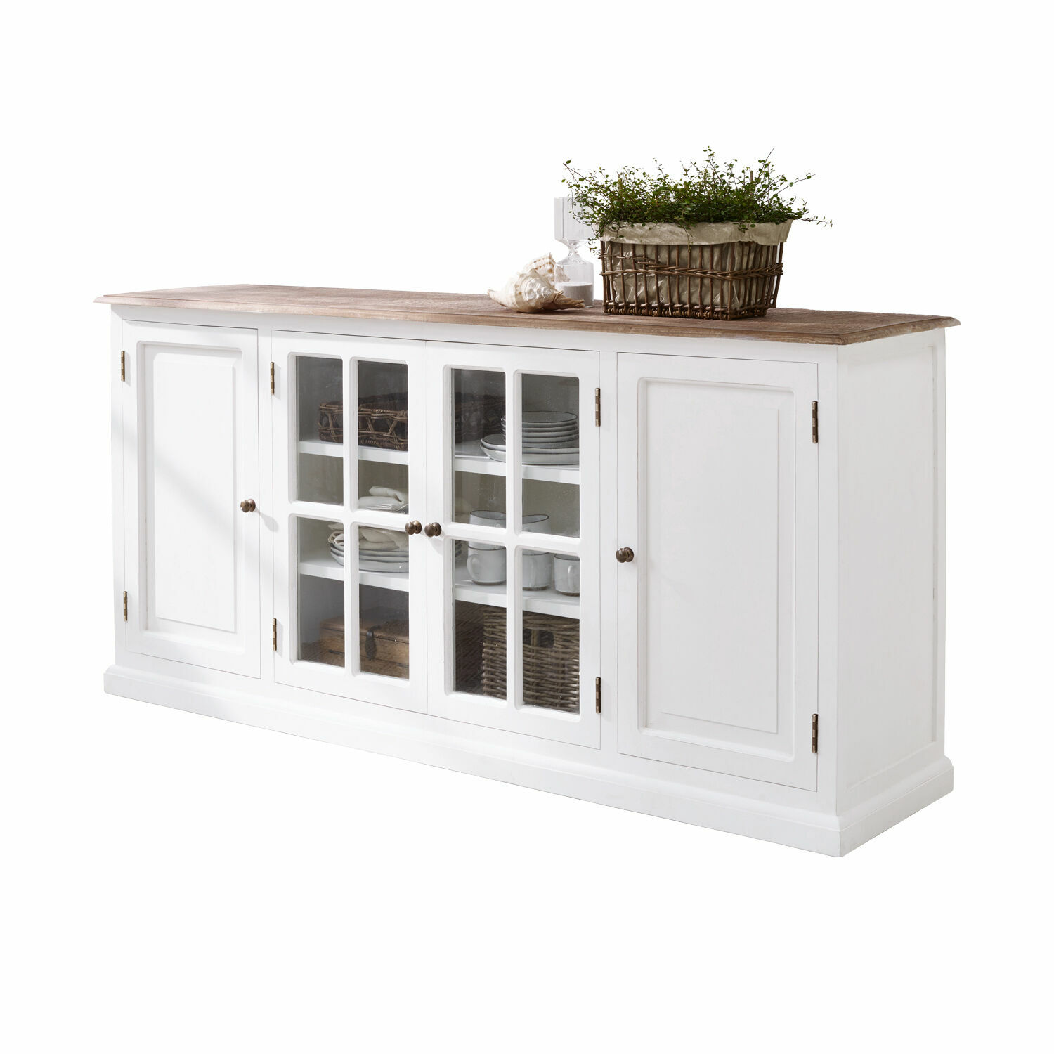 Cómoda Kostan Aparador blanco de madera con puertas de cristal y encimera de madera natural, mueble de salón