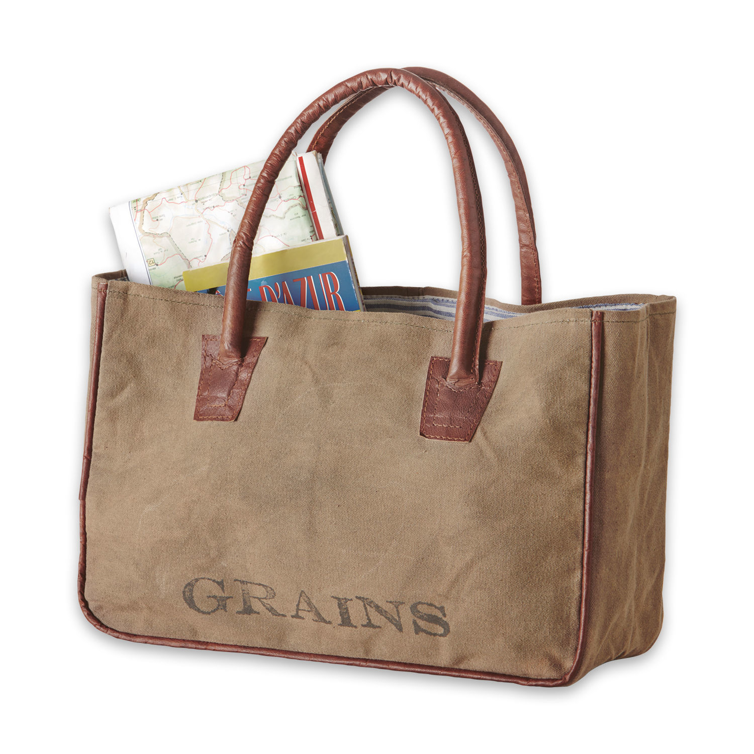 Bolsa de tela beige con asas de cuero marrón y texto GRAINS, ideal para compras
