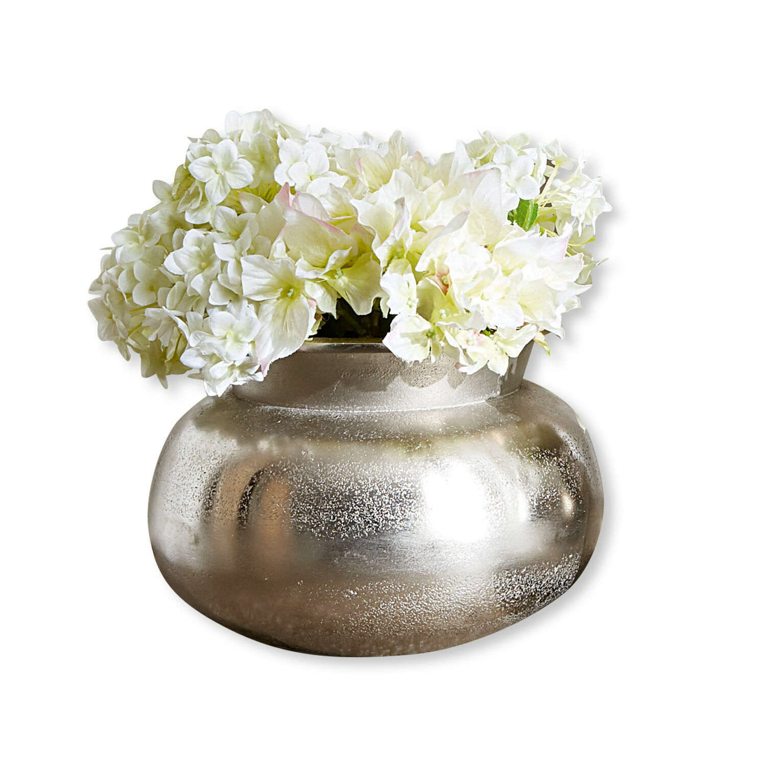 Jarrón Hadrien Jarrón metálico plateado con flores blancas decorativas para decoración del hogar