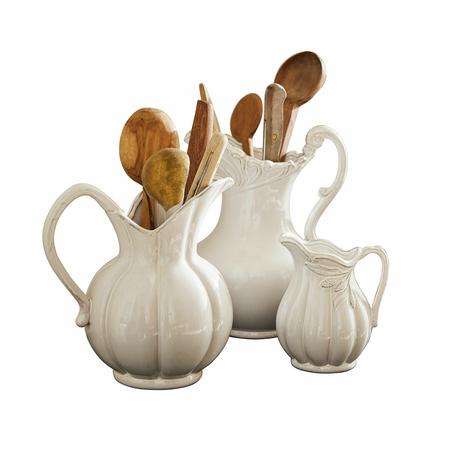 Set de 3 jarras Lucanera Juego de jarras de cerámica blanca con cucharas de madera para cocina vintage