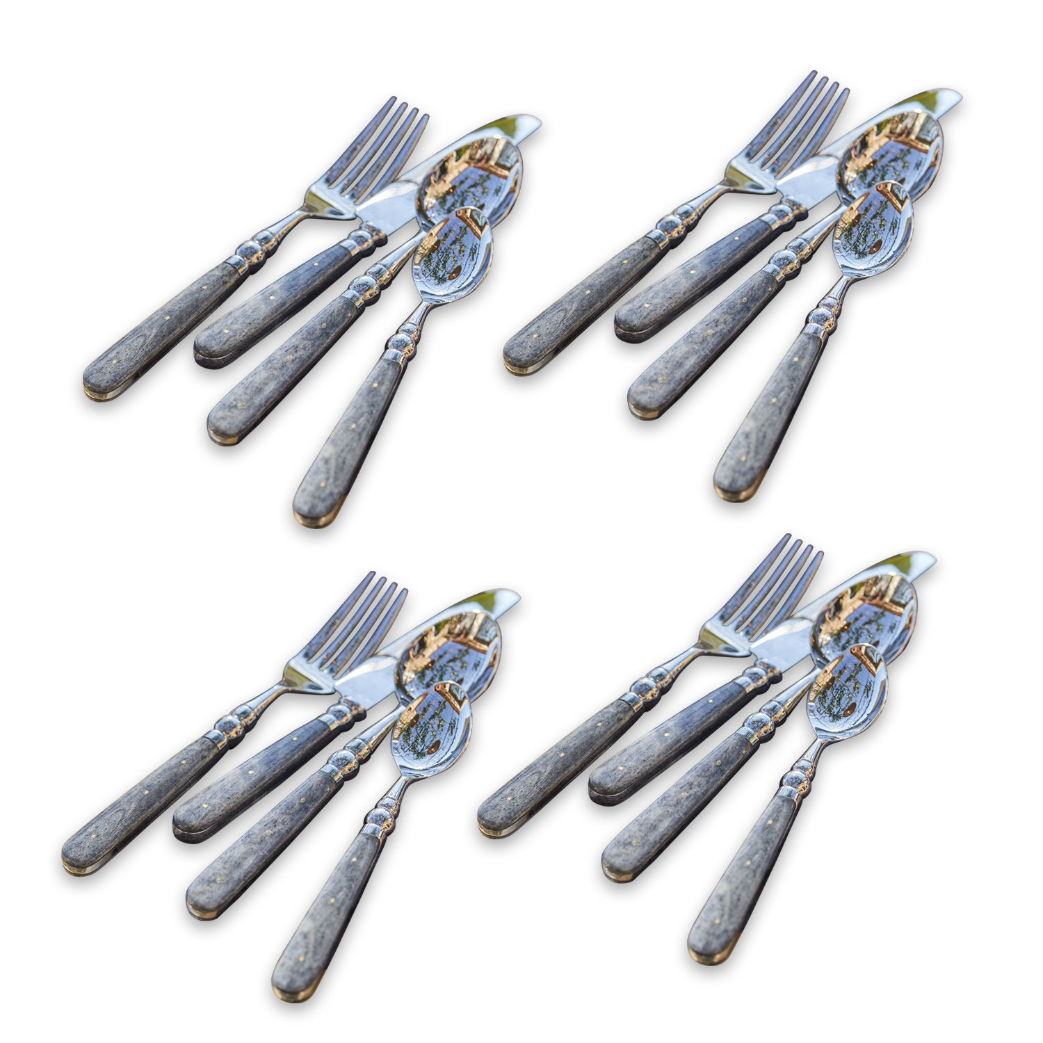 Cubiertos Bigeste Juego de cubiertos con mangos de madera gris y extremos metálicos, 4 juegos de tenedores, cuchillos y cucharas