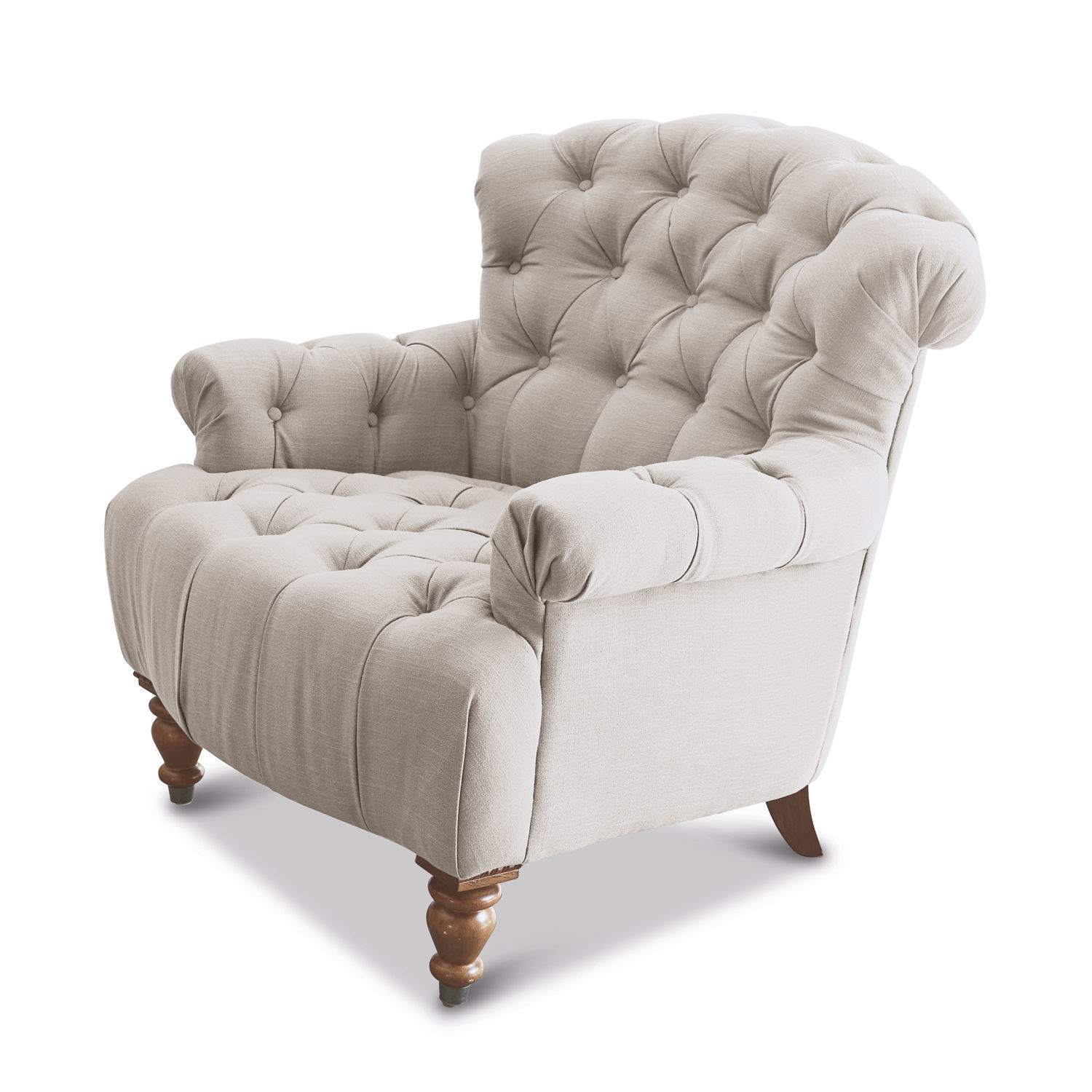 Sillón beige tapizado con patas de madera, suave y cómodo para sala de estar