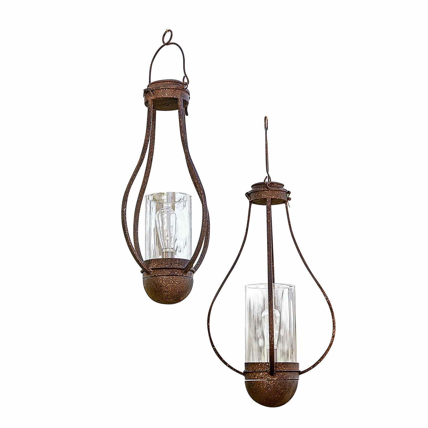 Set de 2 faroles solares colgantes Marsa Conjunto de dos faroles colgantes de metal oxidado con cubiertas de vidrio y bombillas LED
