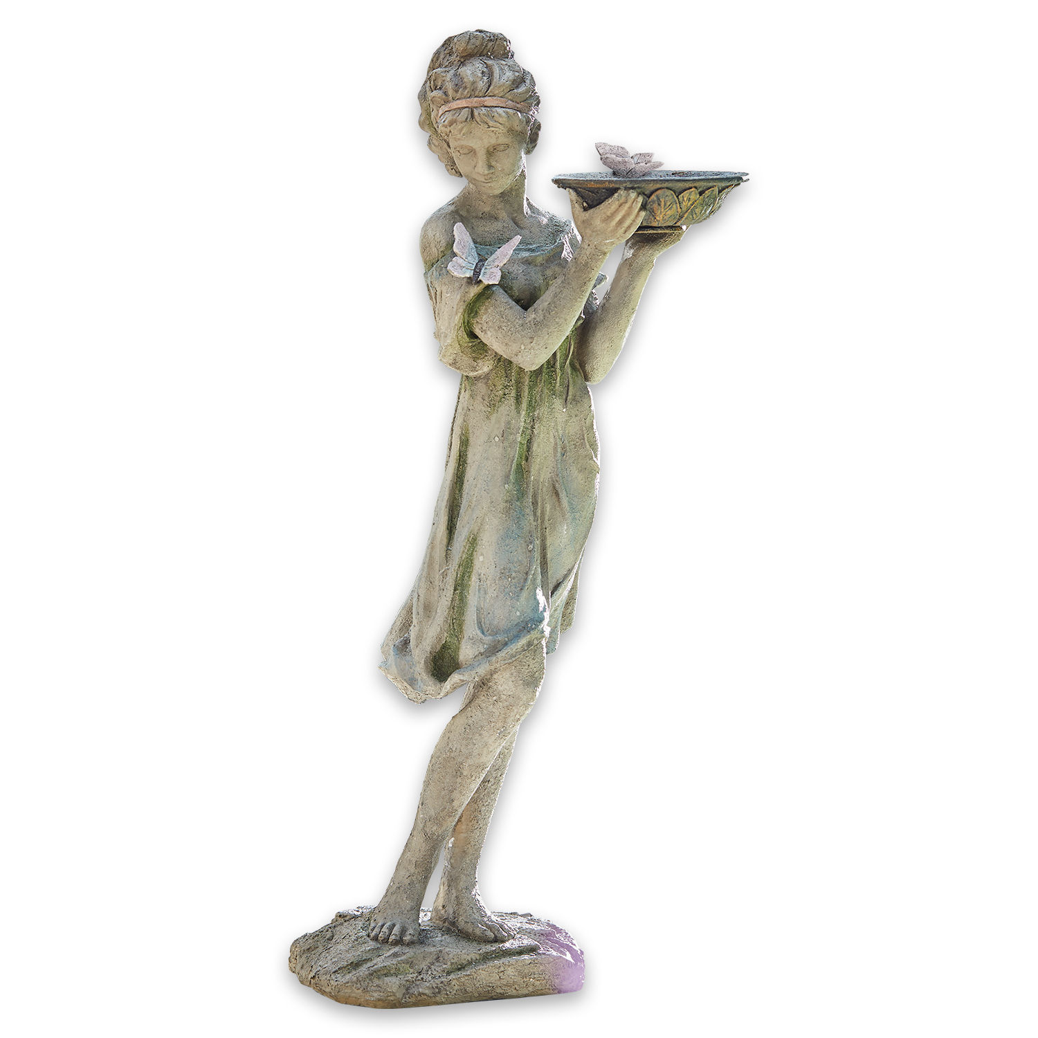 Escultura Malia Figura de piedra de niña con vestido verde sosteniendo un plato con mariposas para jardín