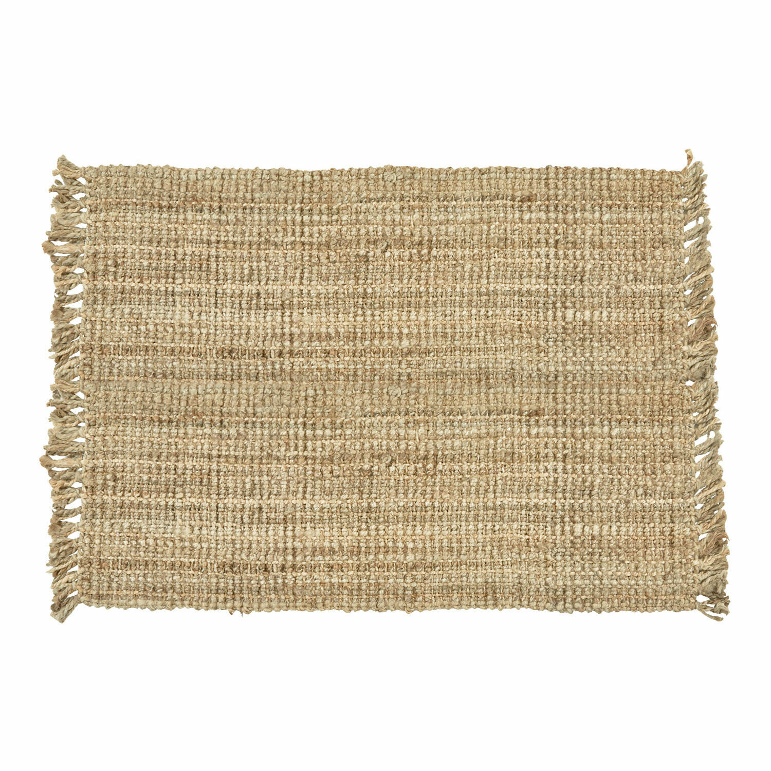 Alfombra beige de yute con textura natural y flecos en los lados, decoración para interiores