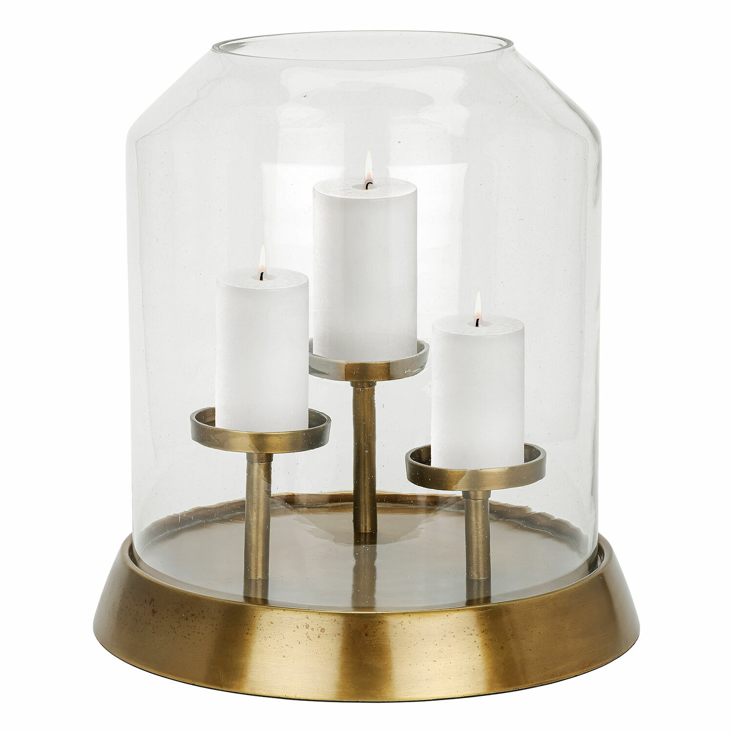 Portavelas Vemesto Portavelas de vidrio con base de latón y tres velas blancas, decoración para el hogar