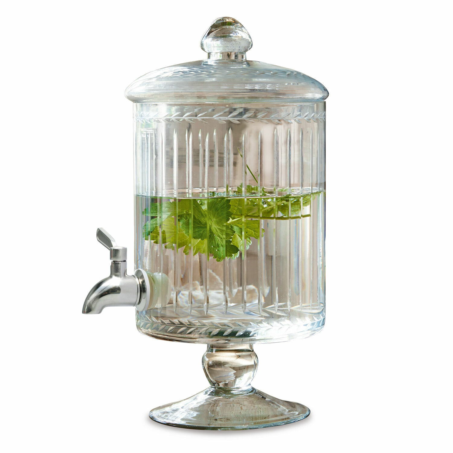 Dispensador de bebidas Makiya Dispensador de bebidas de vidrio transparente con tapa y grifo, con hojas verdes en su interior