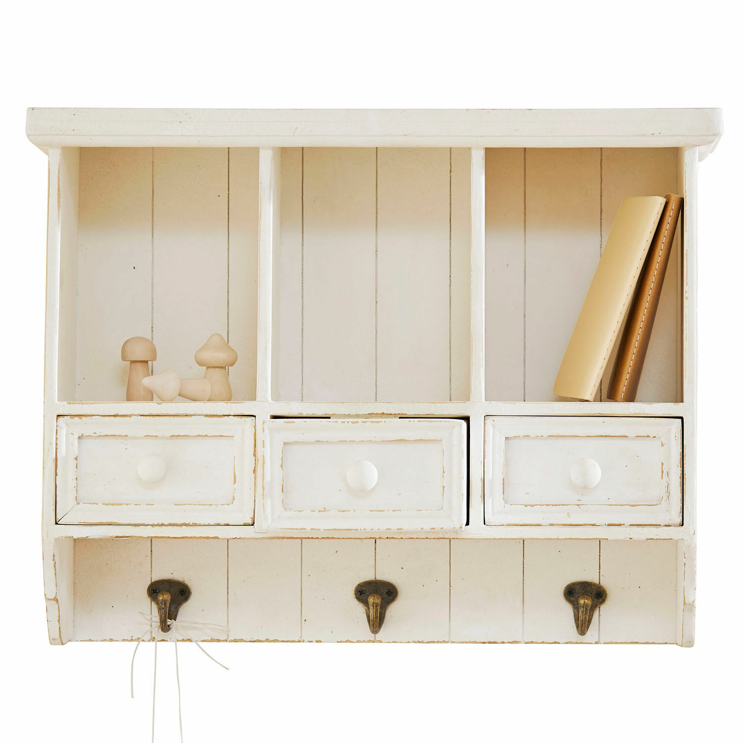 Estante de pared Korelis Estante de pared blanco de madera con tres cajones y ganchos para almacenamiento en casa