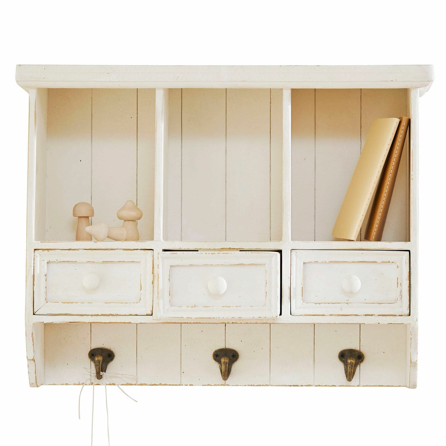 Estante de pared Korelis Estante de pared blanco de madera con tres cajones y ganchos para almacenamiento en casa