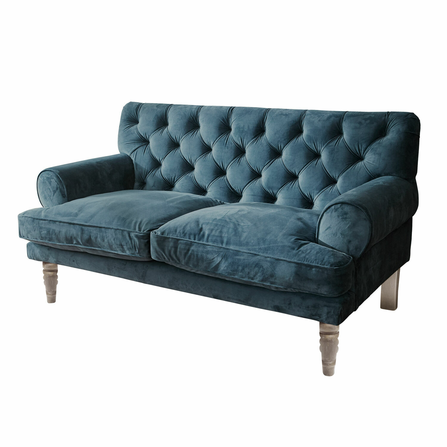 Sofá Carme Sofá de dos plazas de terciopelo azul oscuro con respaldo capitoné y patas de madera clara