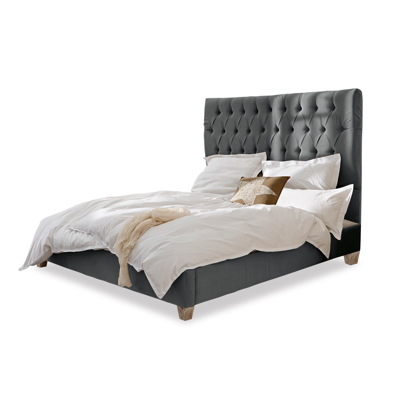 gris Cama Benton gris con cabecero capitoné y patas de madera, tapizada en tela