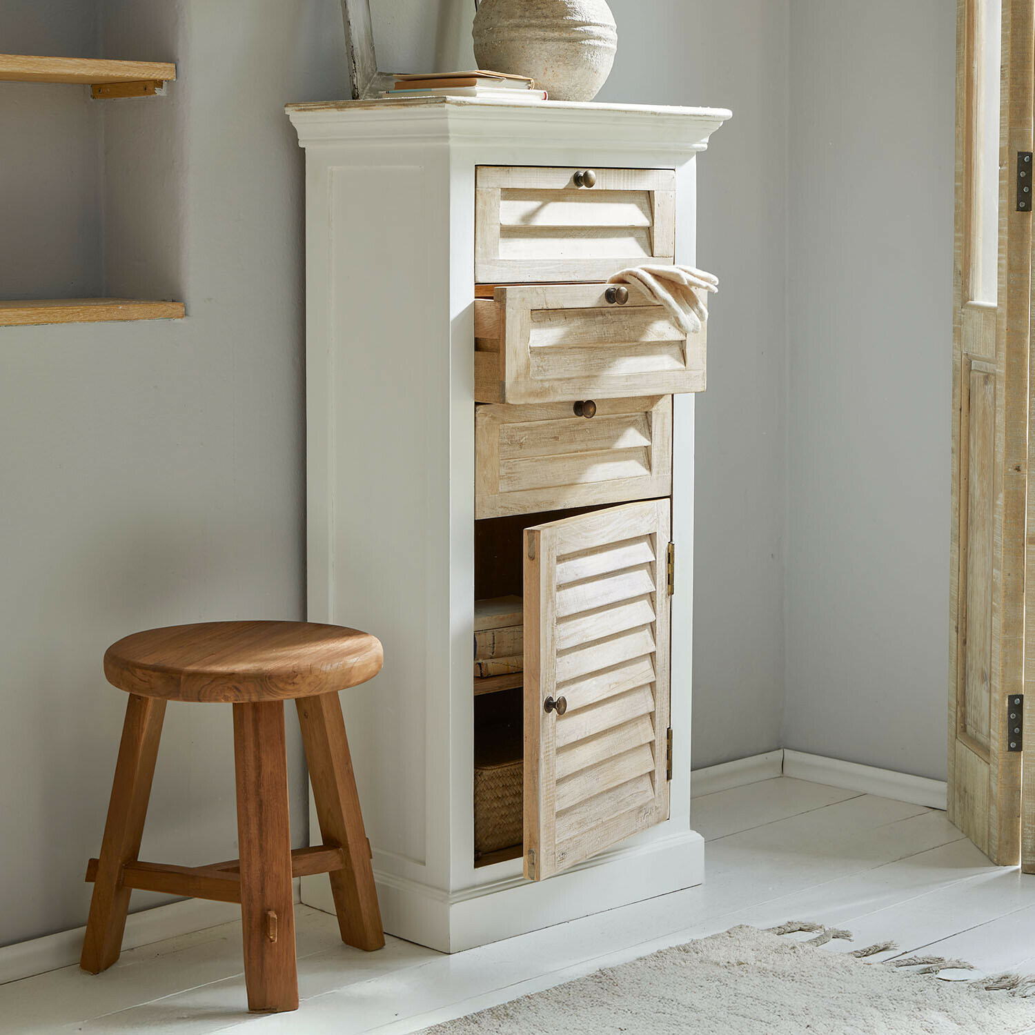 Cómoda Nivorel Cómoda blanca de madera con cajones y puertas beige claro estilo vintage para almacenamiento