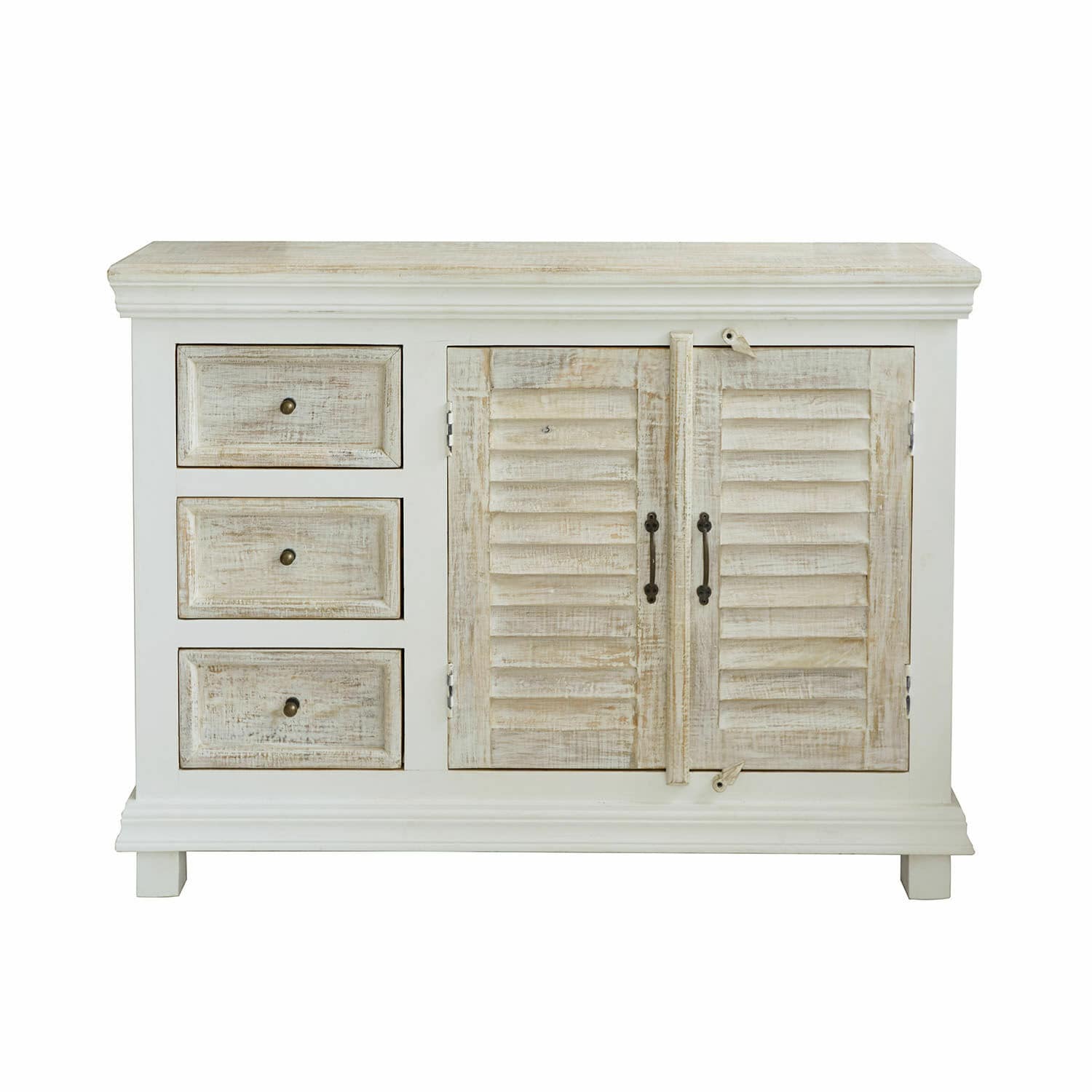 Cómoda Nevellique Cómoda de madera blanca envejecida con tres cajones y armario de dos puertas para almacenamiento