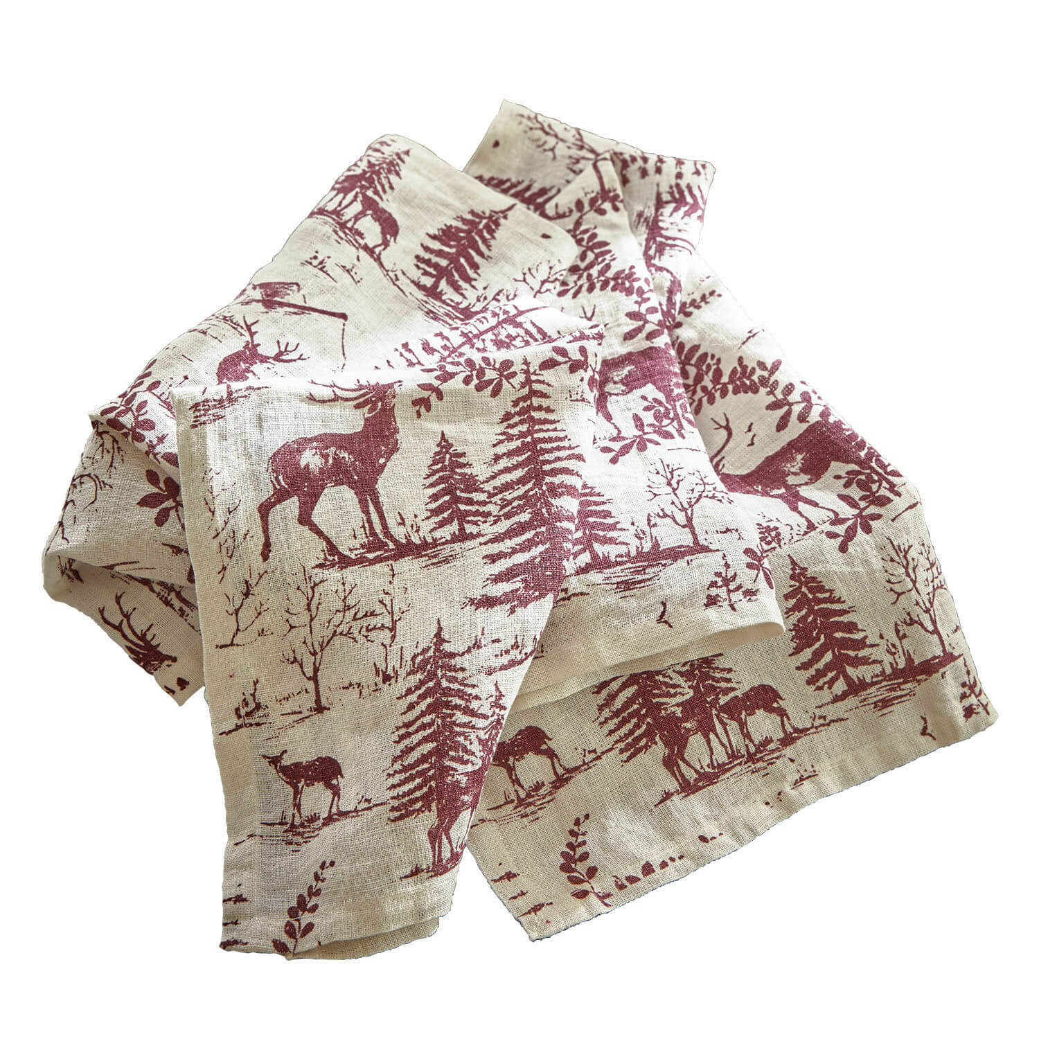 Set de 4 servilletas Sundraen Mantel de lino color natural con estampado burdeos de ciervos y árboles, decoración de mesa