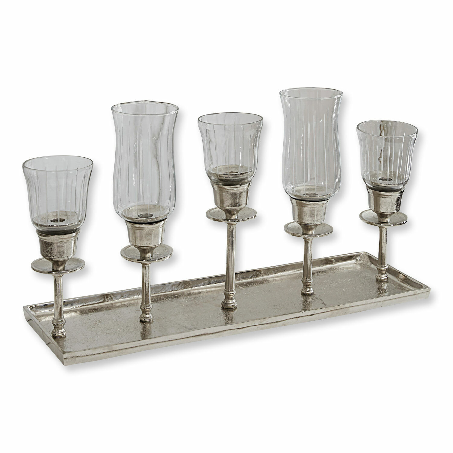 Bandeja para velas Ennedi Candelabro de metal con cinco pantallas de vidrio transparente sobre base rectangular