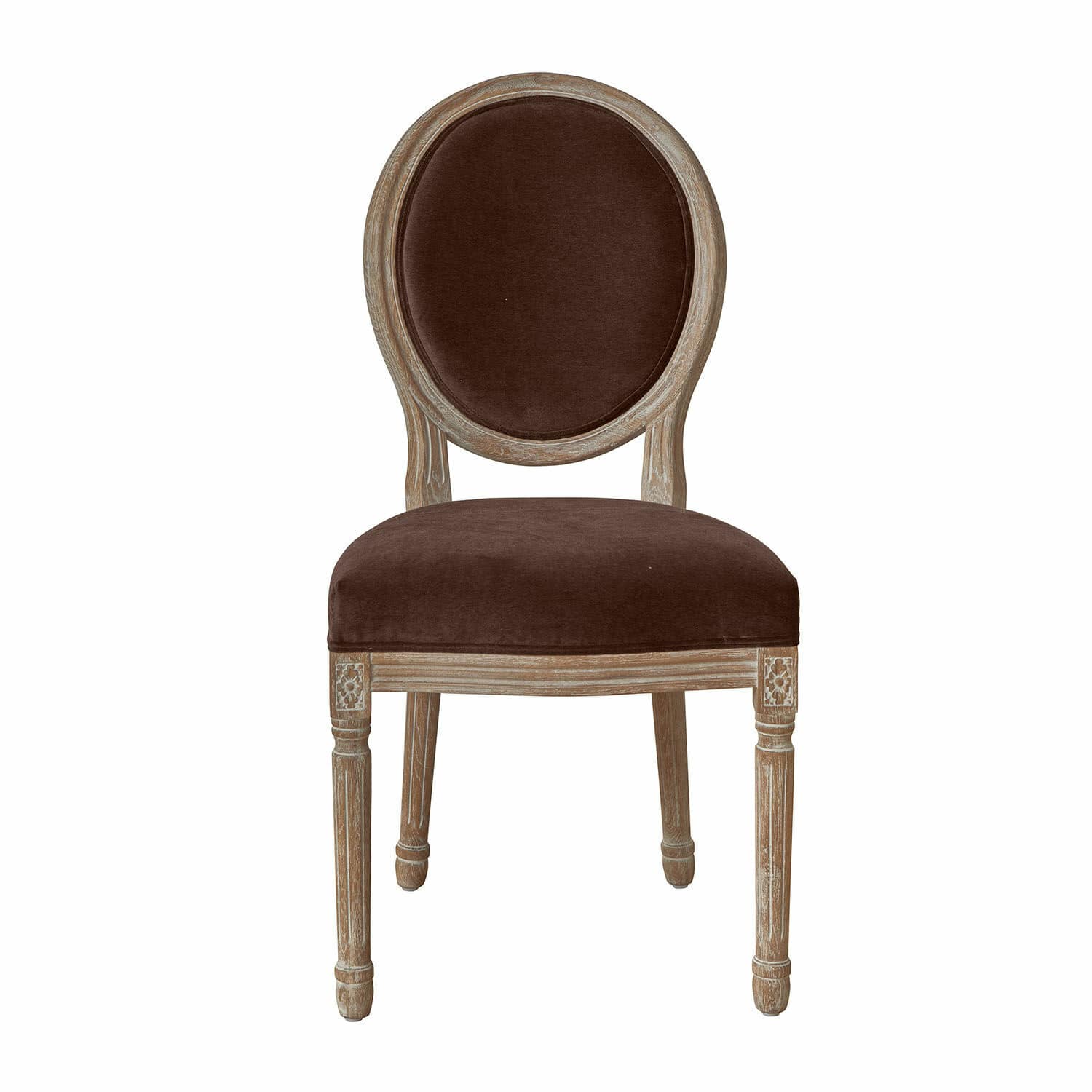 Silla Alviano con asiento de terciopelo marrón oscuro y estructura de madera clara para salón