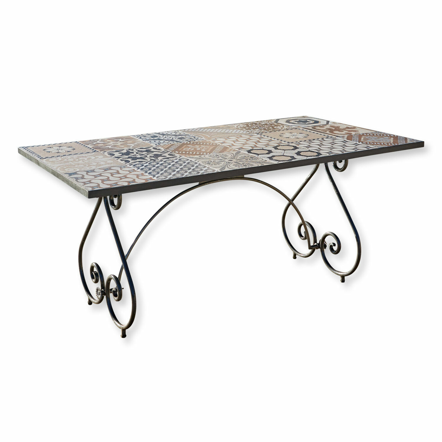 Mesa Grainville Mesa con patas de metal y tablero de azulejos cerámicos con patrones beige y marrón